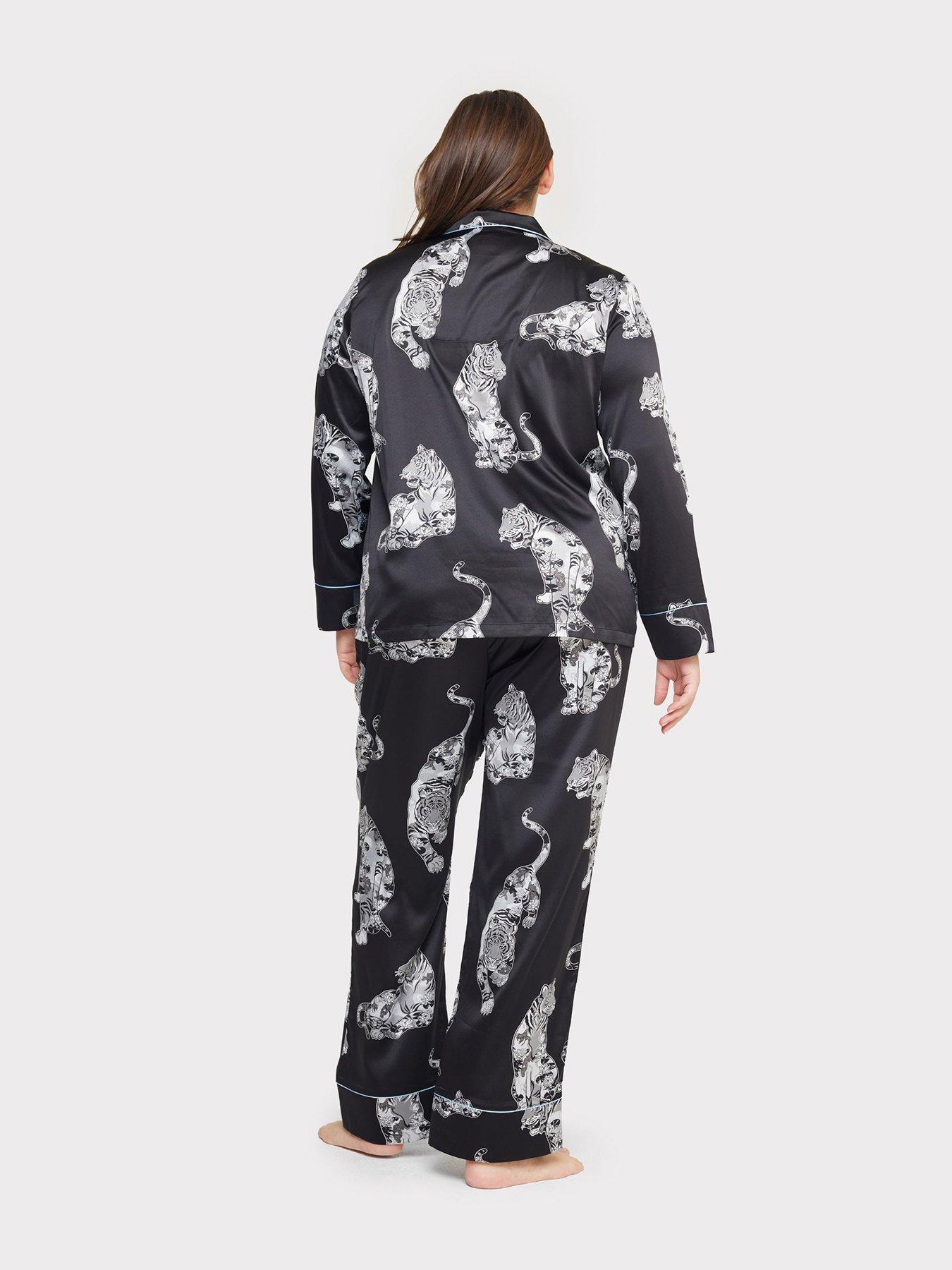 Curve Satin Black Lotus Tiger Print Long Pyjama Set Black