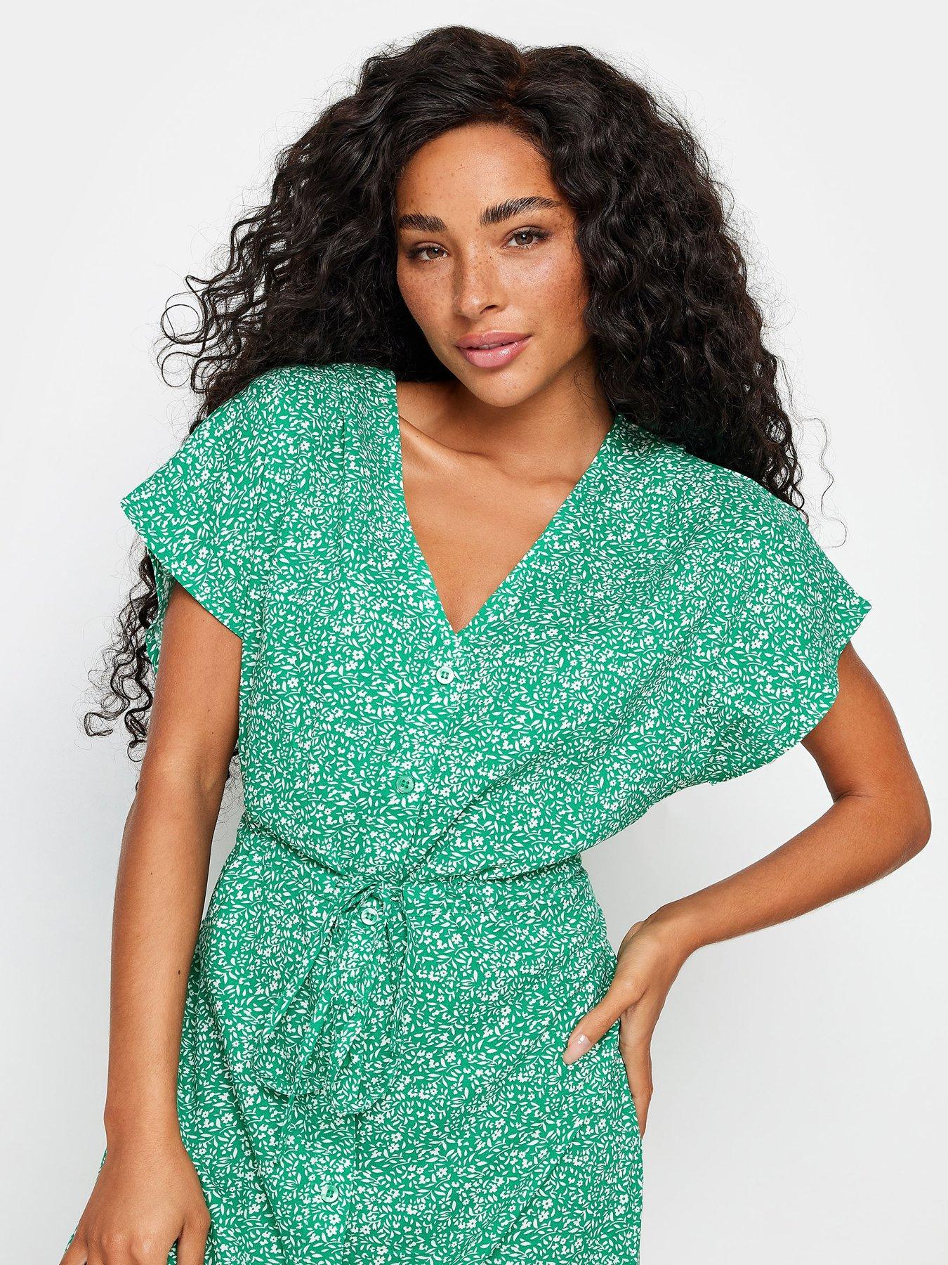 M&Co Petite Petite Green Ditsy Tie Waist V Neck Dress | Very.co.uk