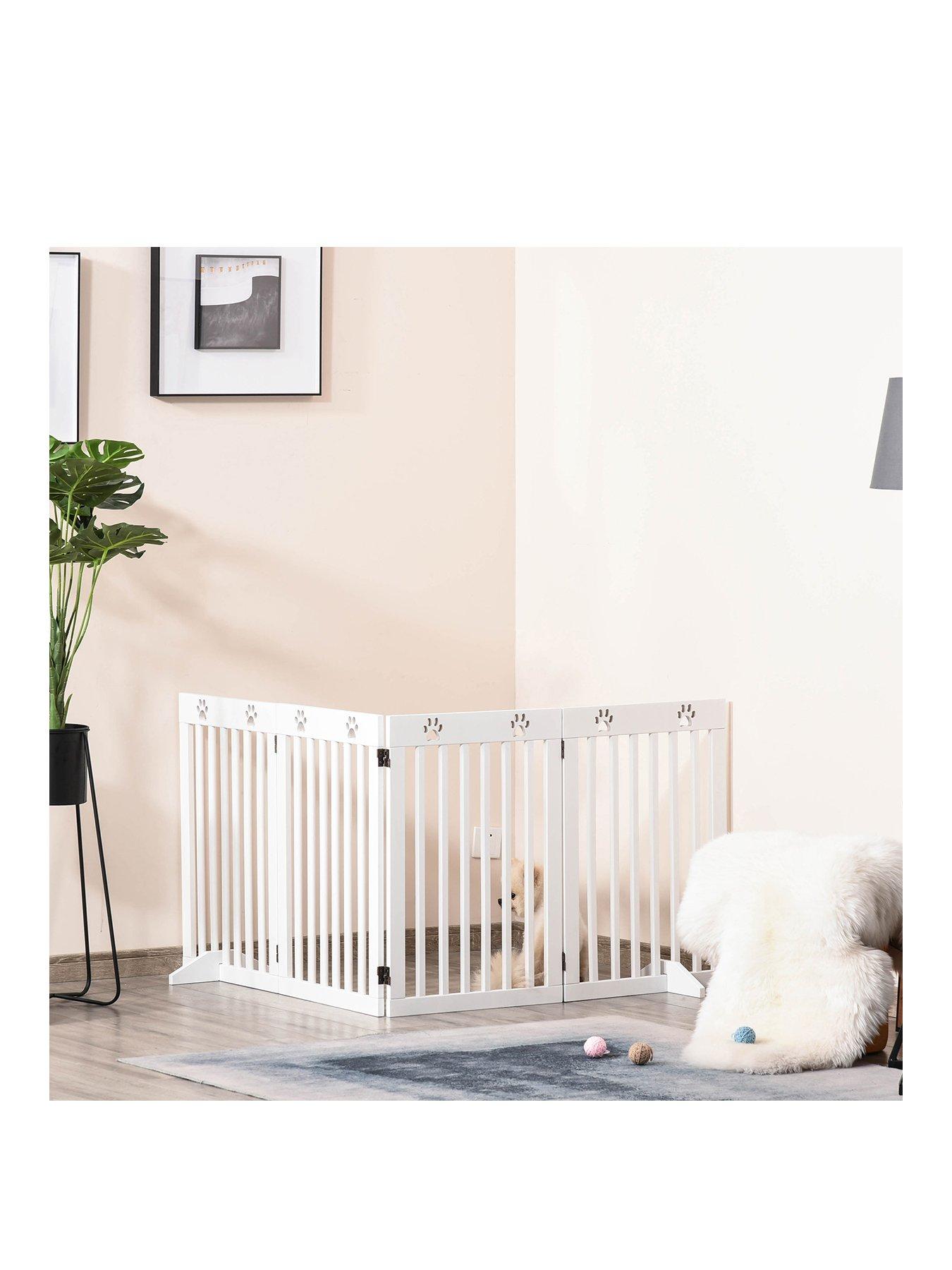 PawHut Freestanding Pet Gate 4 Panel Dog Barrier Folding Safety Fence with Support Feet -White
