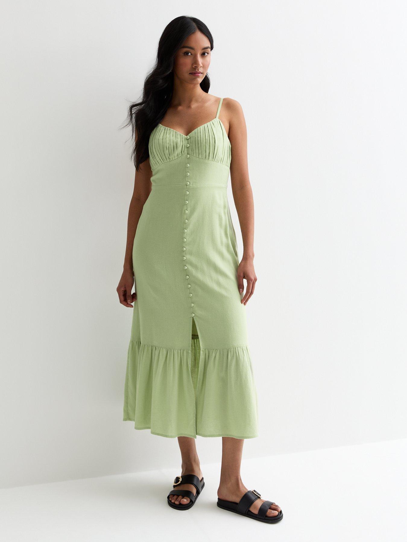 Light Green Strappy Button Front Midi Dress