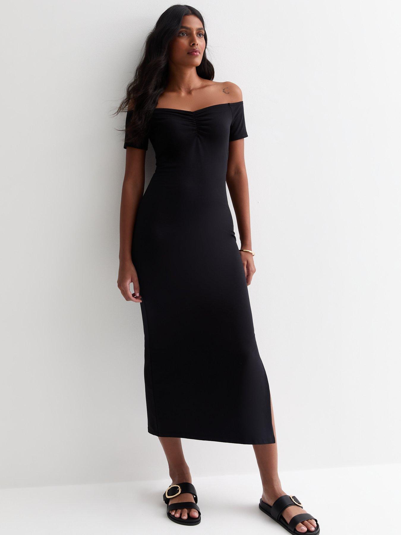 New Look Black Jersey Ruched Bardot Midi Dress