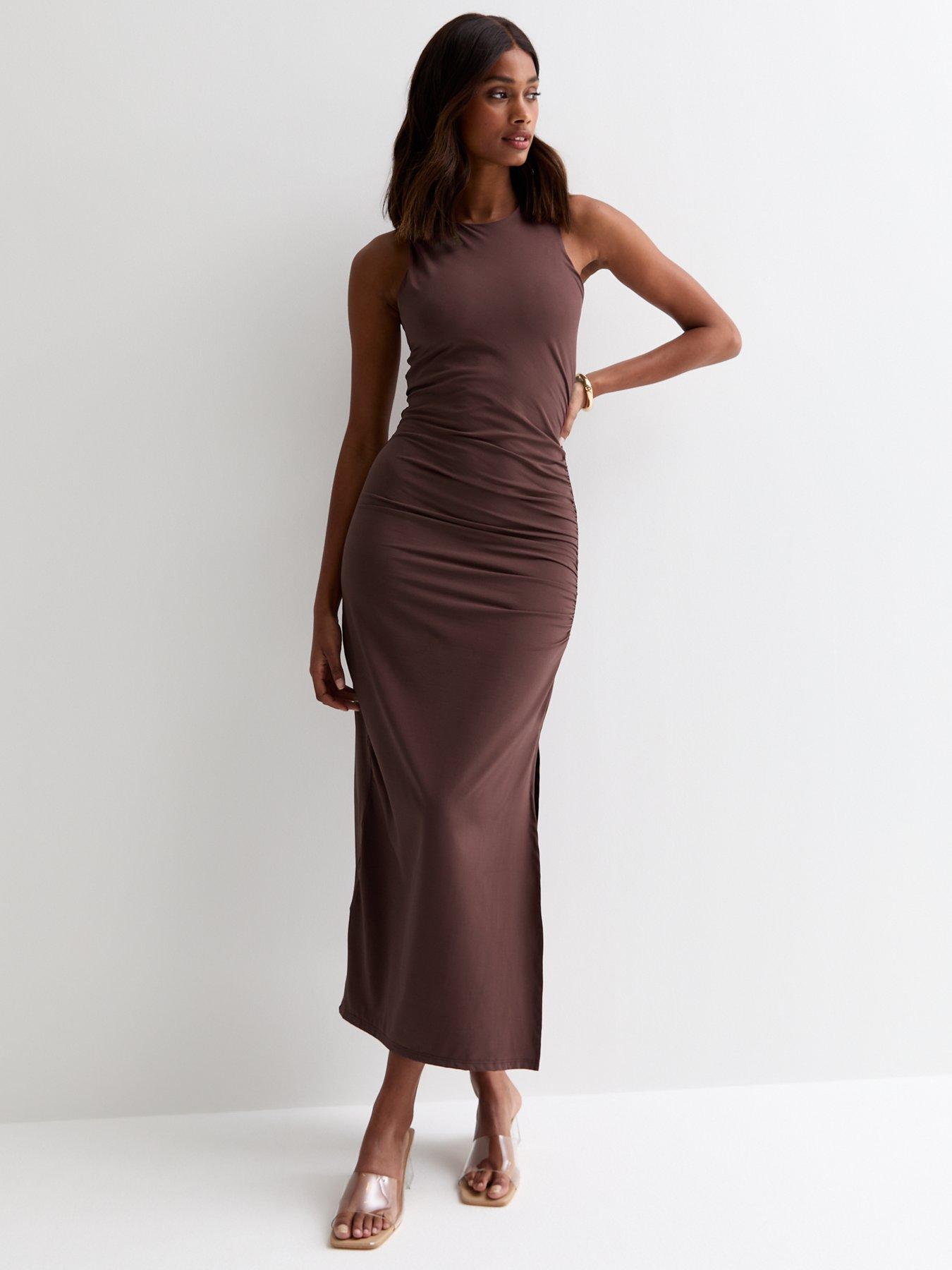 Brown Ruched Sleeveless Midi Dress