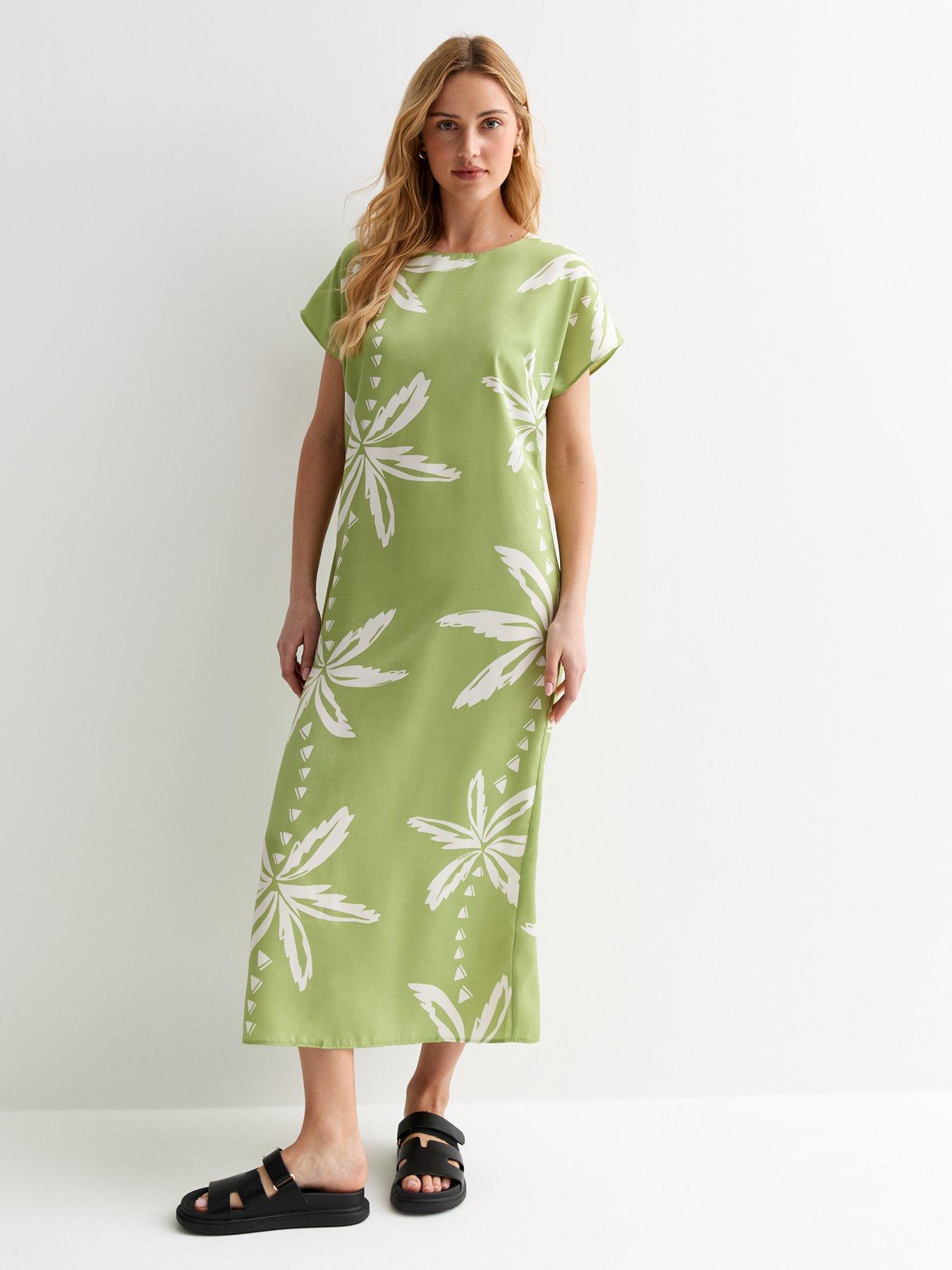 New Look Palm Print Crew Neck Midi Dress Green Very
