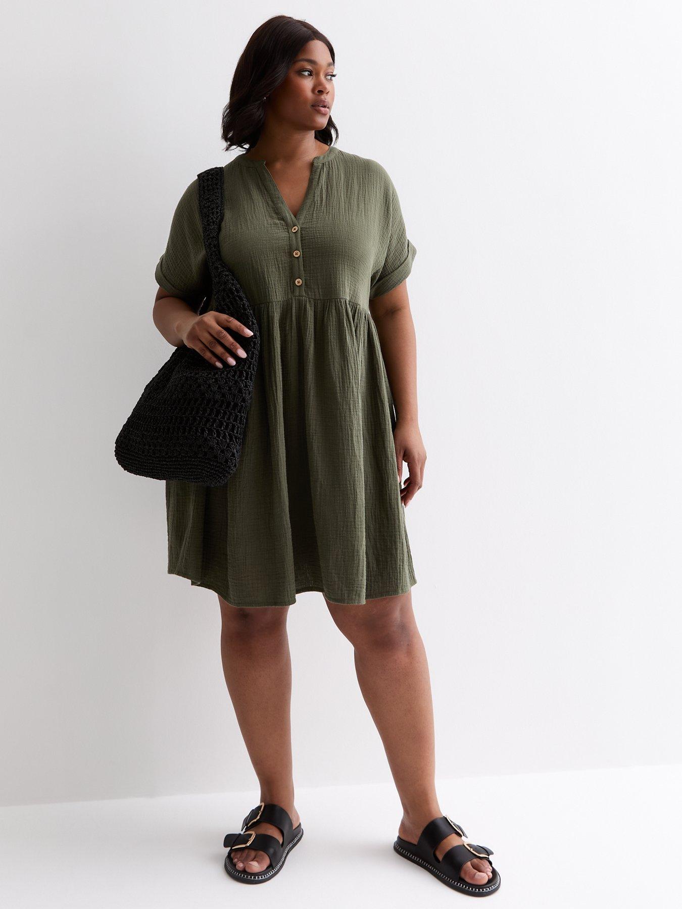 New Look Curves Khaki Cotton Button Front Mini Smock Dress Green Very