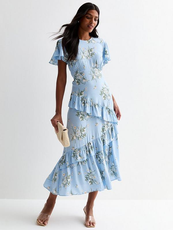 New Look Blue Floral Flutter Sleeve Asymmetric Ruffle Midi Dress | Very ...