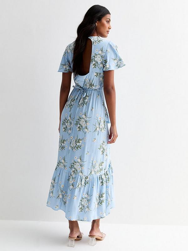 New Look Blue Floral Flutter Sleeve Asymmetric Ruffle Midi Dress | Very ...