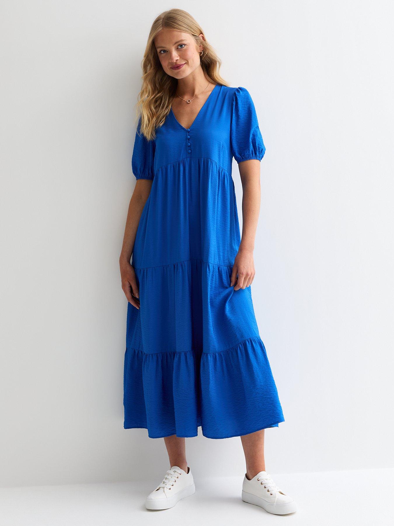 undefined Bright Blue Button Tiered Smock Midi