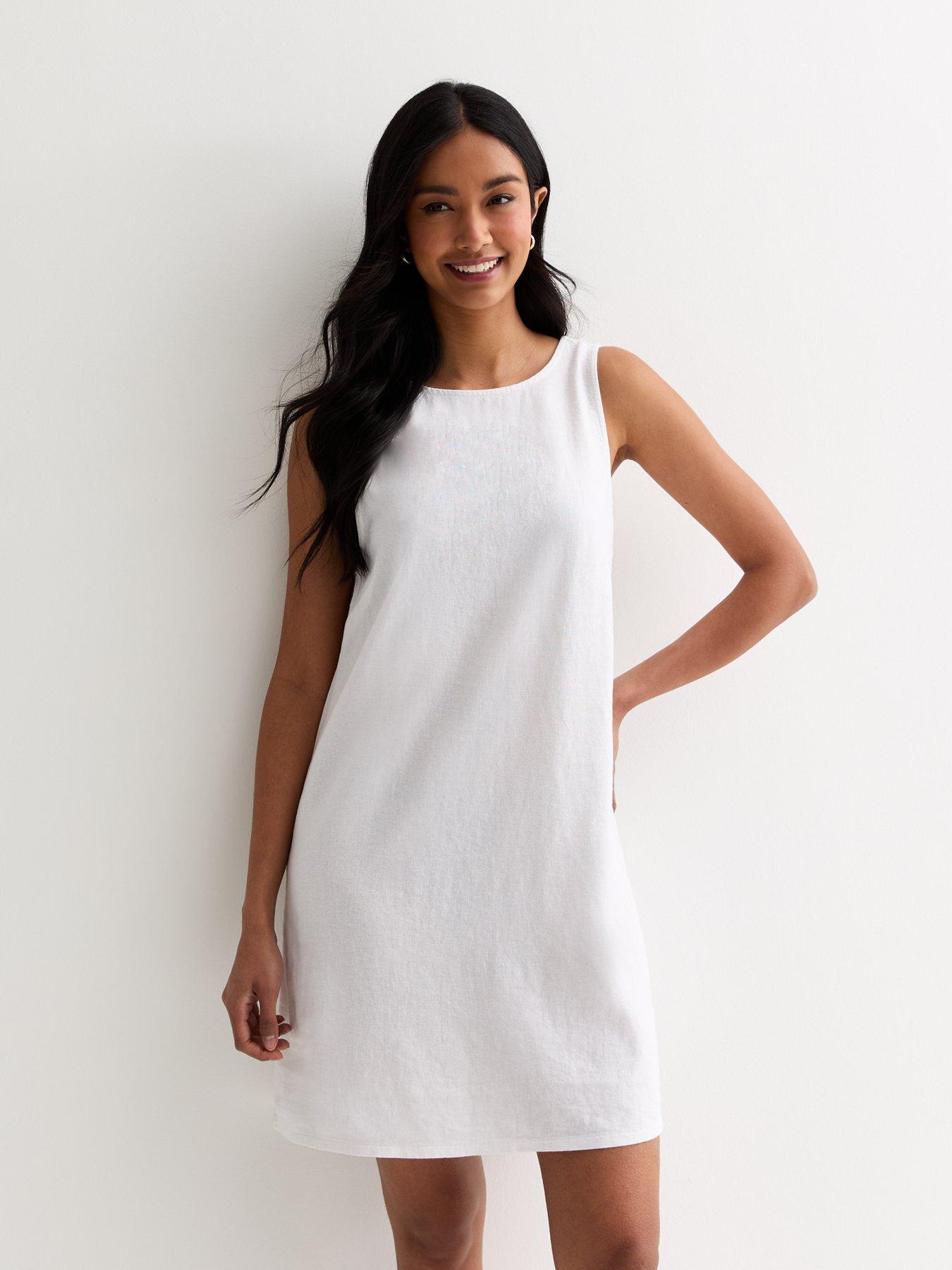 Linen Blend Open Back Mini Dress White