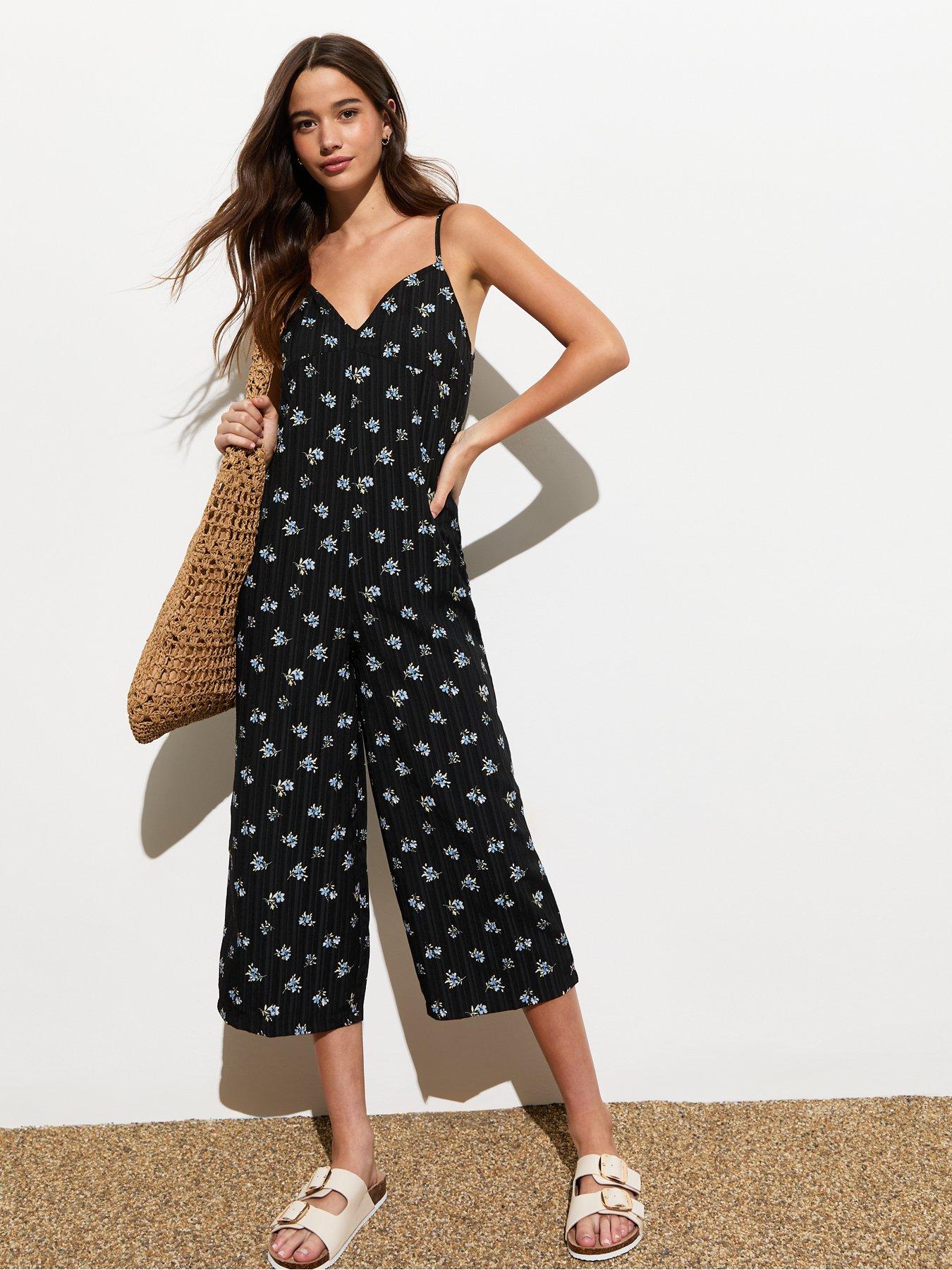 New Look Floral Strappy Wide Leg Crop Jumpsuit Black Very