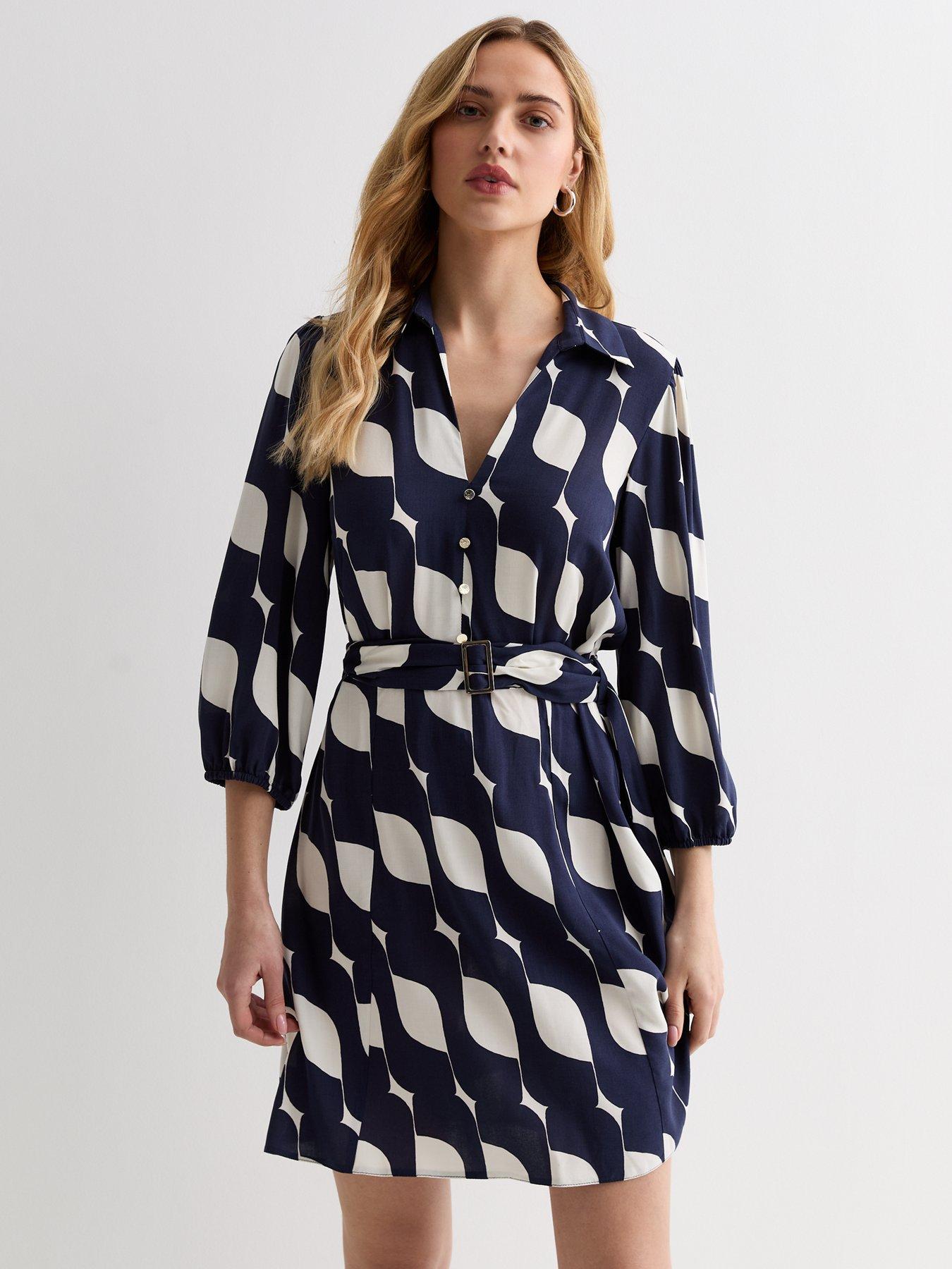 Black Geometric Print Belted Mini Shirt Dress