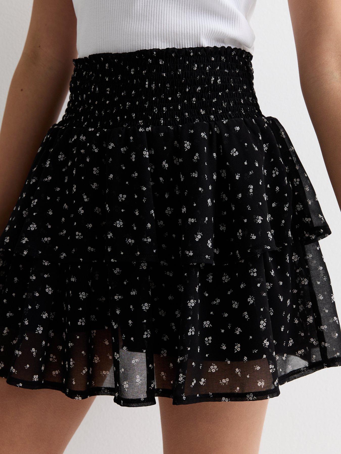 Girls Black Ditsy Floral Chiffon Tiered Mini Skirt