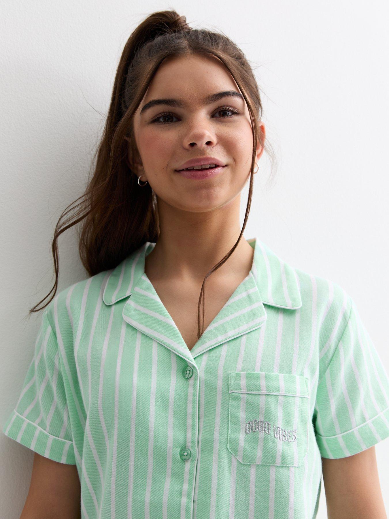 New Look 915 Girls Green Revere Short Pyjama Set With Stripe Print Very