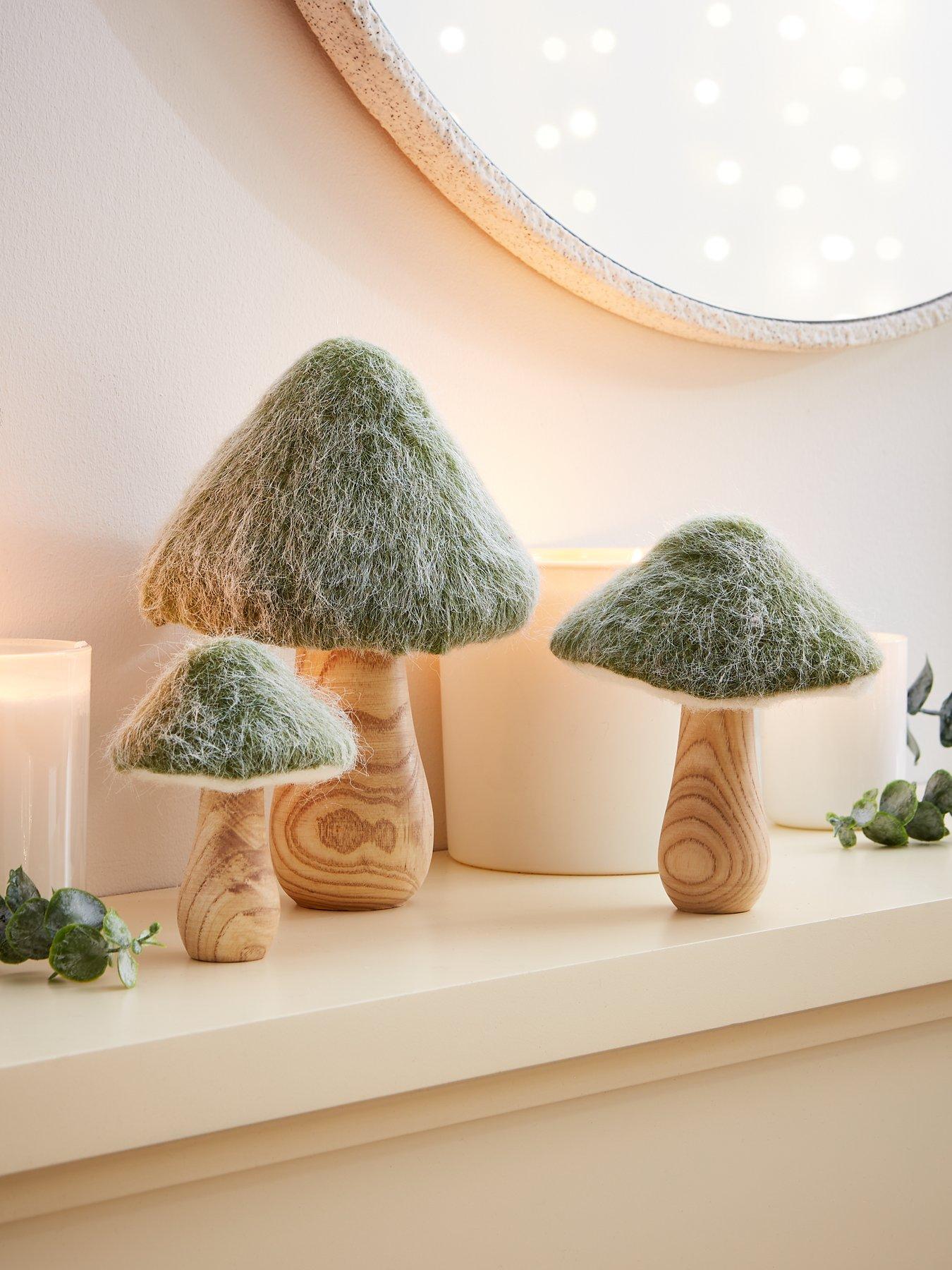 undefined Set of 3 Wood and Fur Toadstool Autumn Decorations
