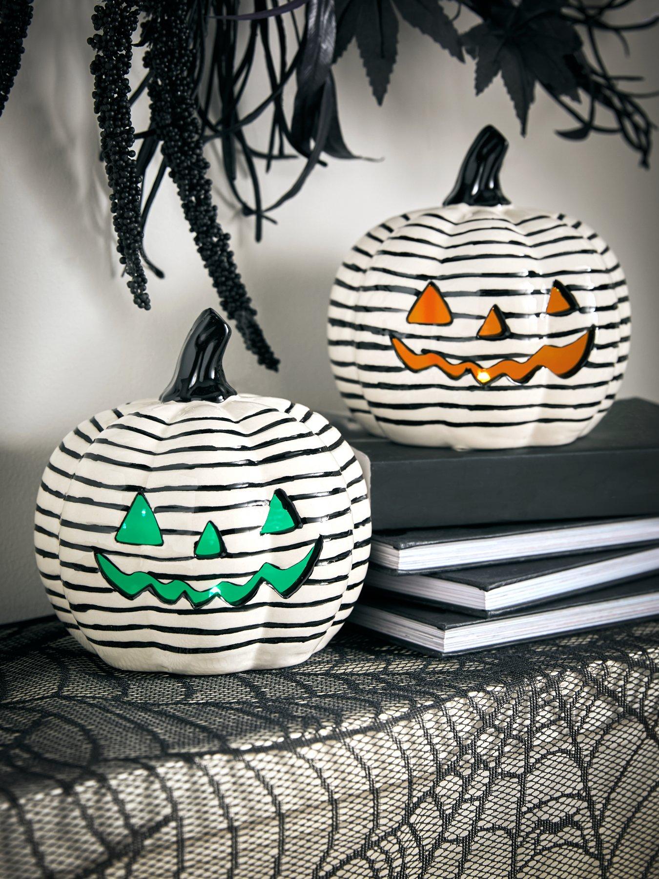 Image 1 of 6 of Very Home Set of 2 Light-Up Striped Ceramic Pumpkin Decorations