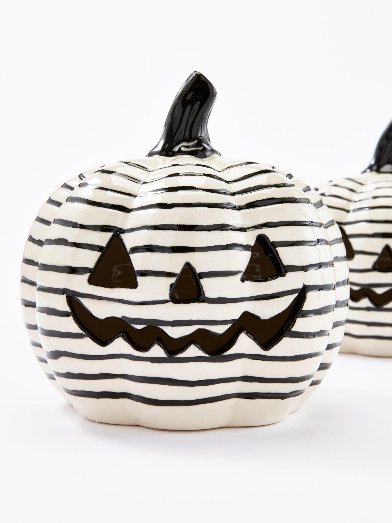 Image 4 of 6 of Very Home Set of 2 Light-Up Striped Ceramic Pumpkin Decorations