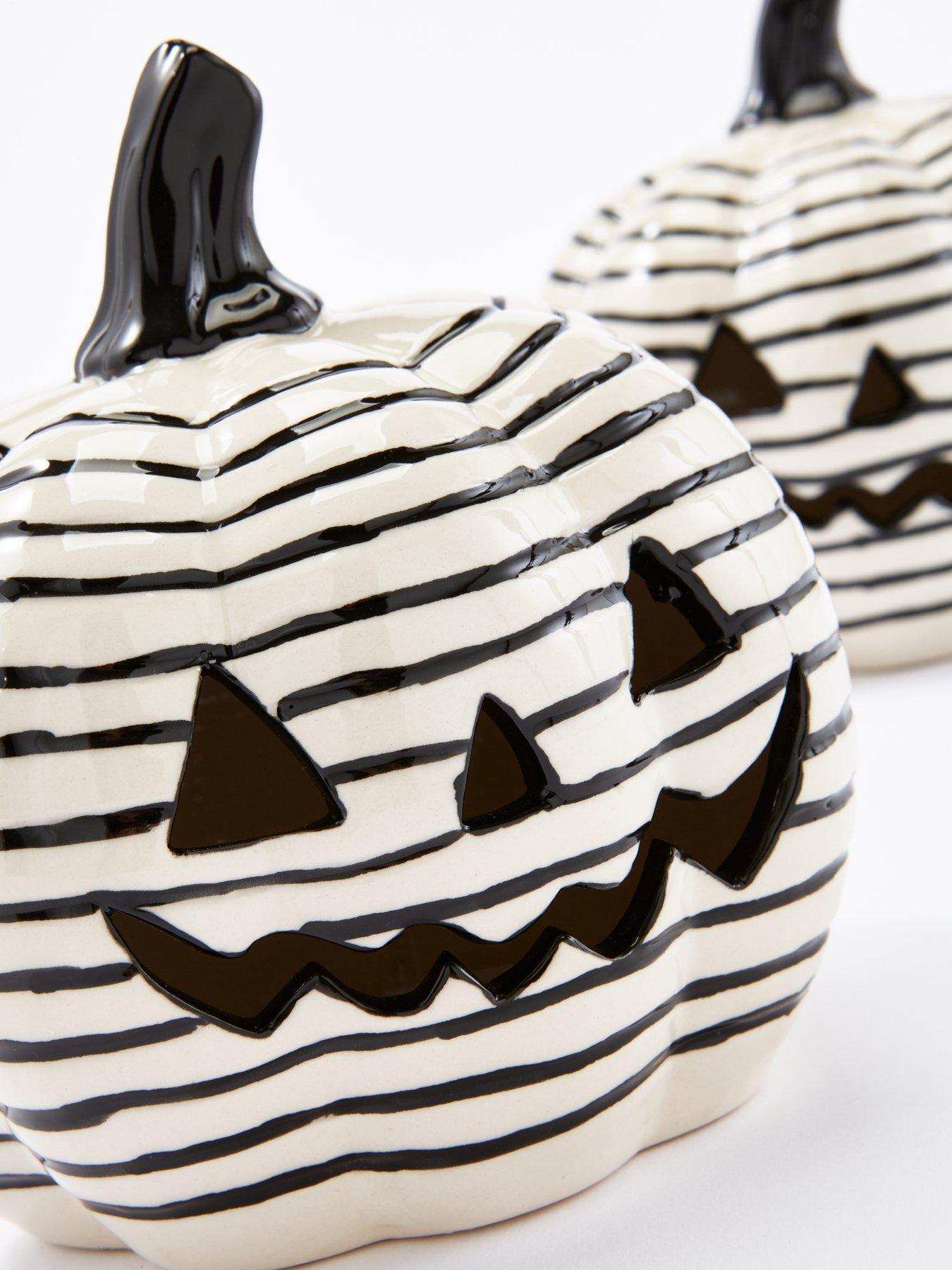 Image 5 of 6 of Very Home Set of 2 Light-Up Striped Ceramic Pumpkin Decorations