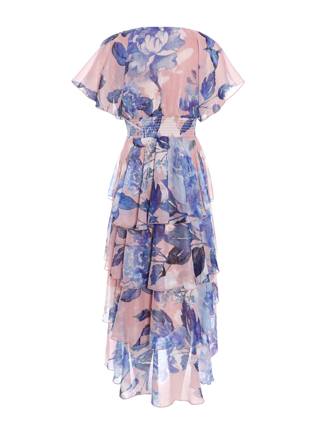 Quiz Blue Chiffon Floral Dip Hem Tiered Midi Dress | Very