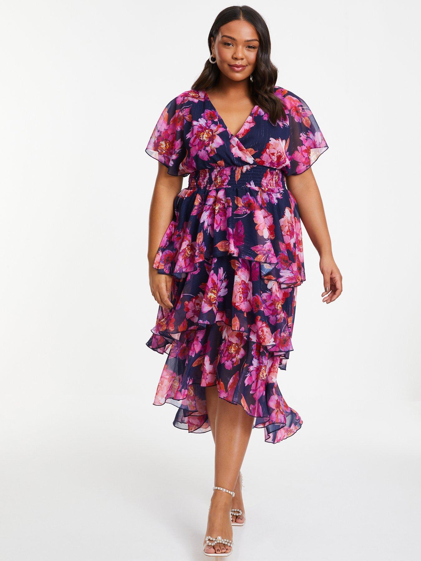 Quiz pink floral wrap dip sale hem dress