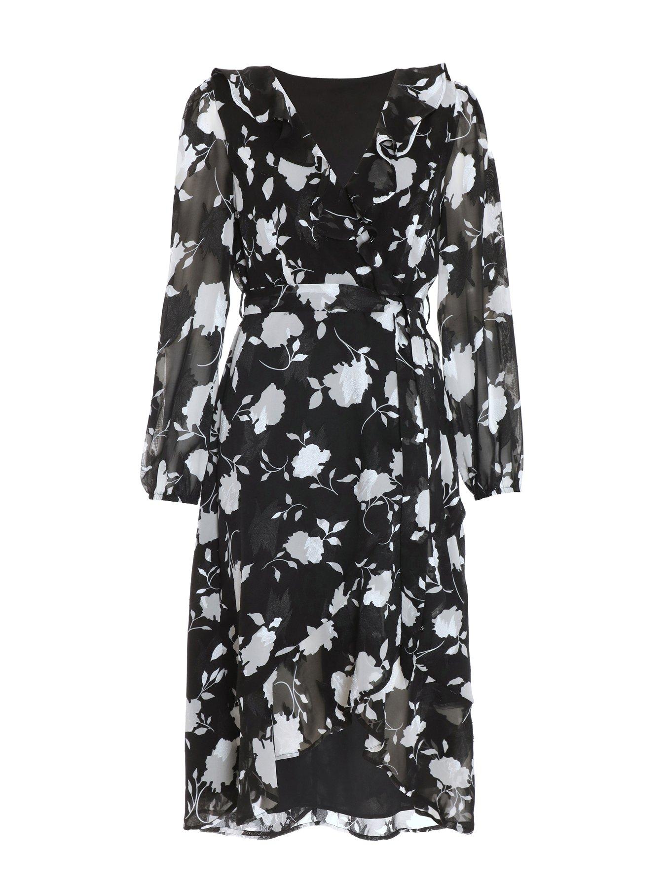 Quiz black floral print frill dress sales