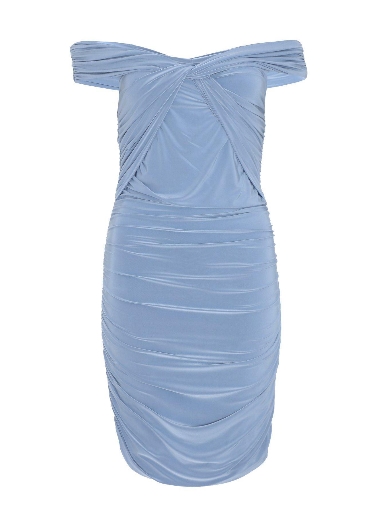 Image 4 of 6 of Quiz Pale Blue Knot Front Bardot Bodycon Mini Dress