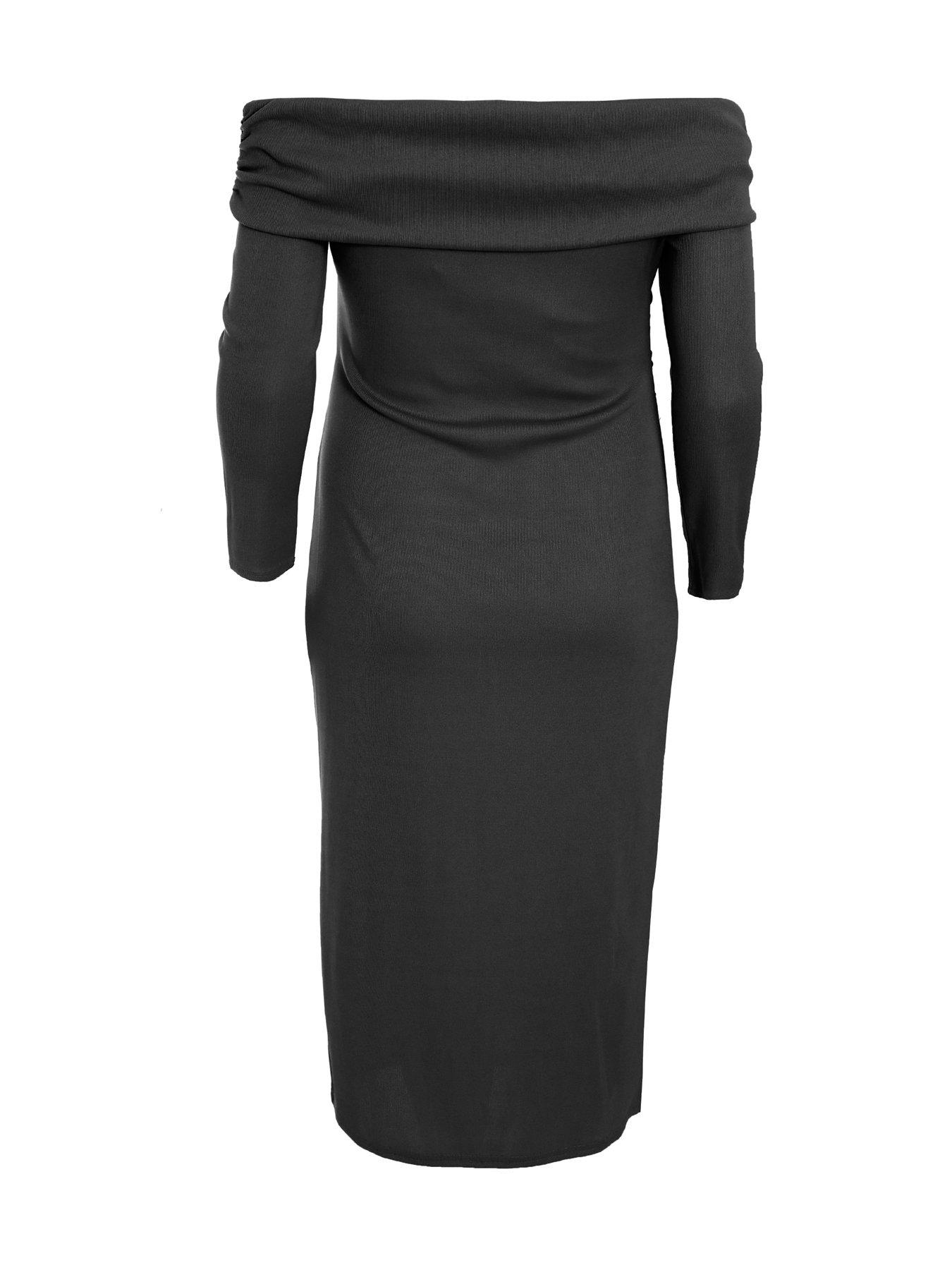 Quiz Curve Black Ribbed Bardot Bodycon Midi Dress Very