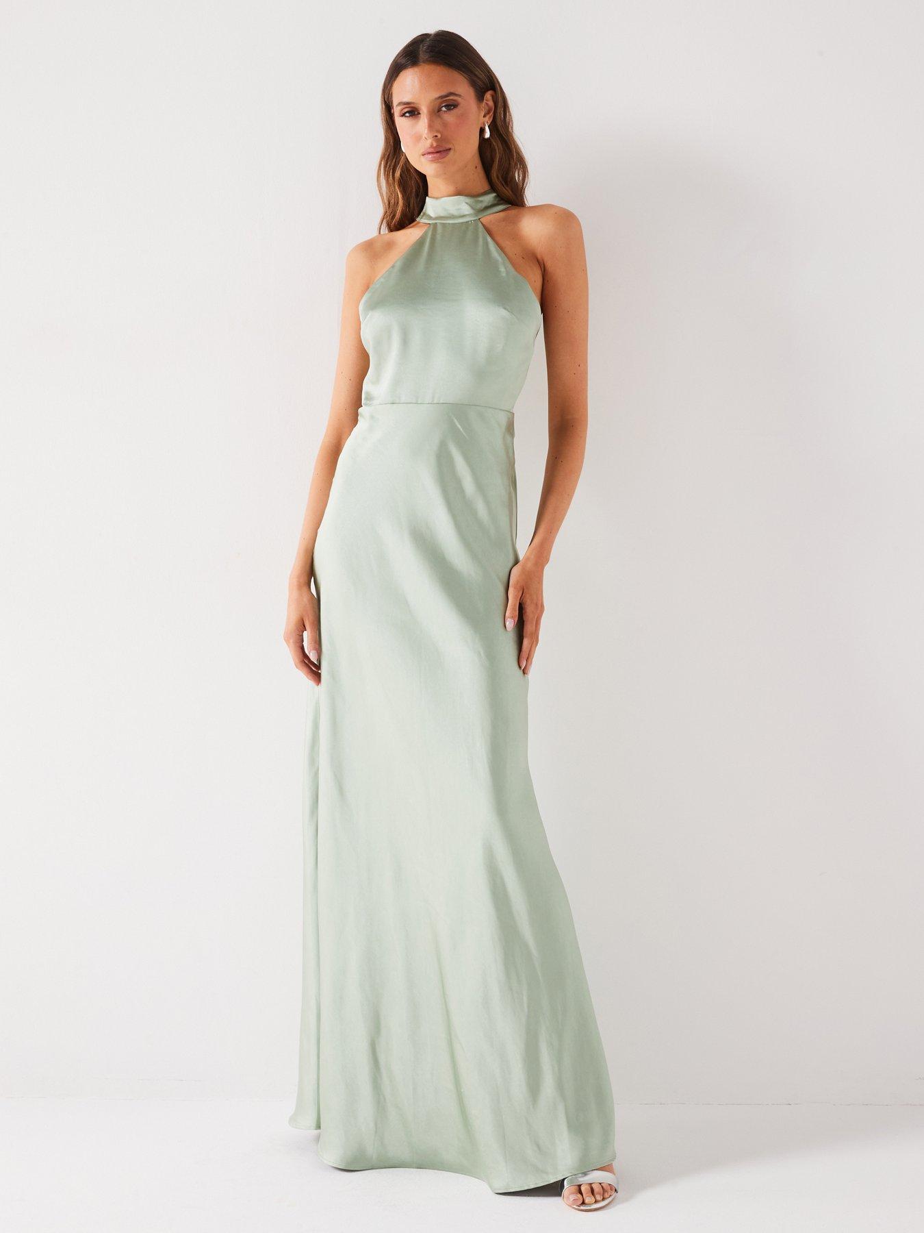 Six Stories Halter Neck Satin Bridesmaid Dress Sage