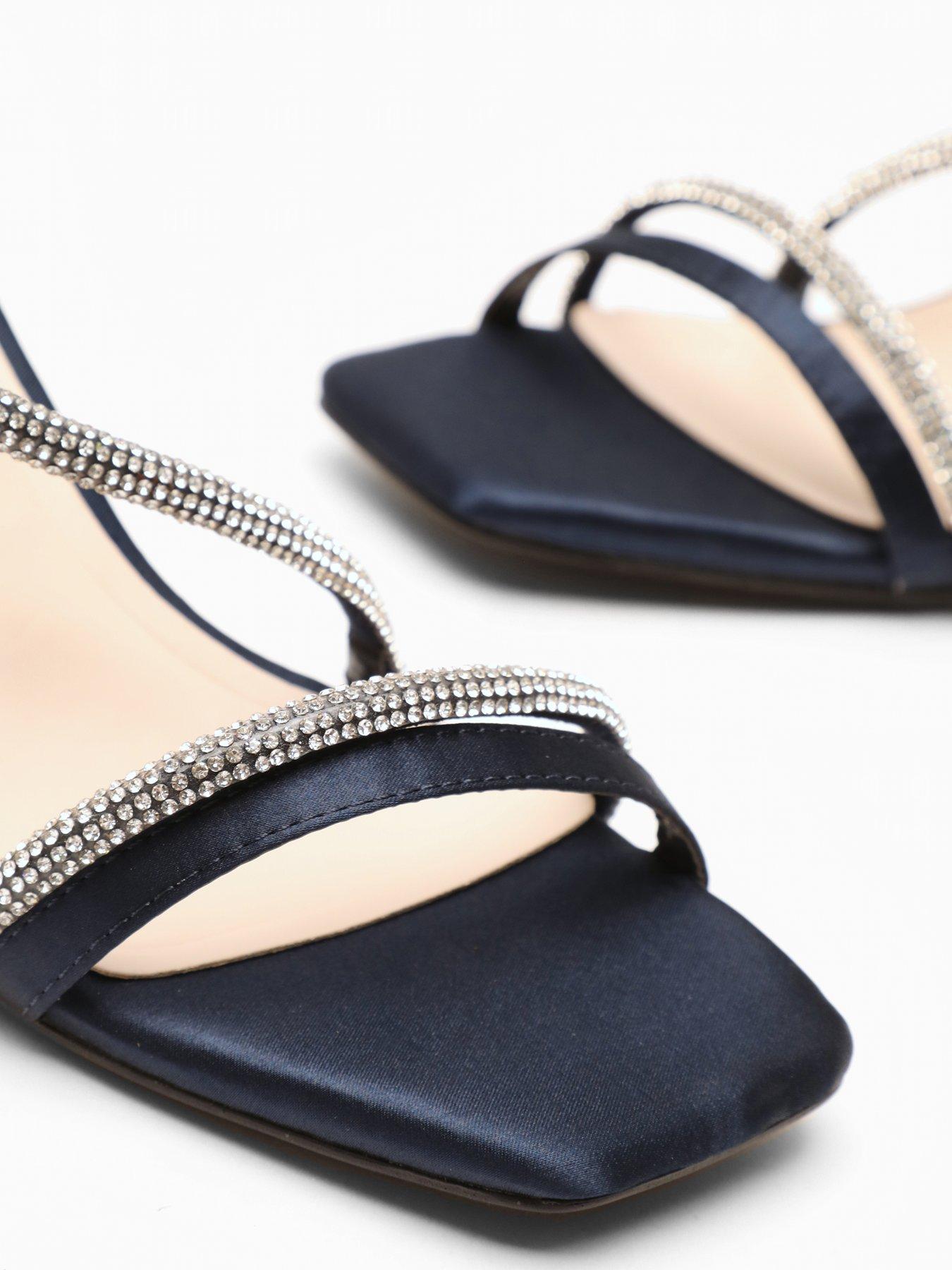 Quiz Navy Satin Diamante Block Heeled Sandals