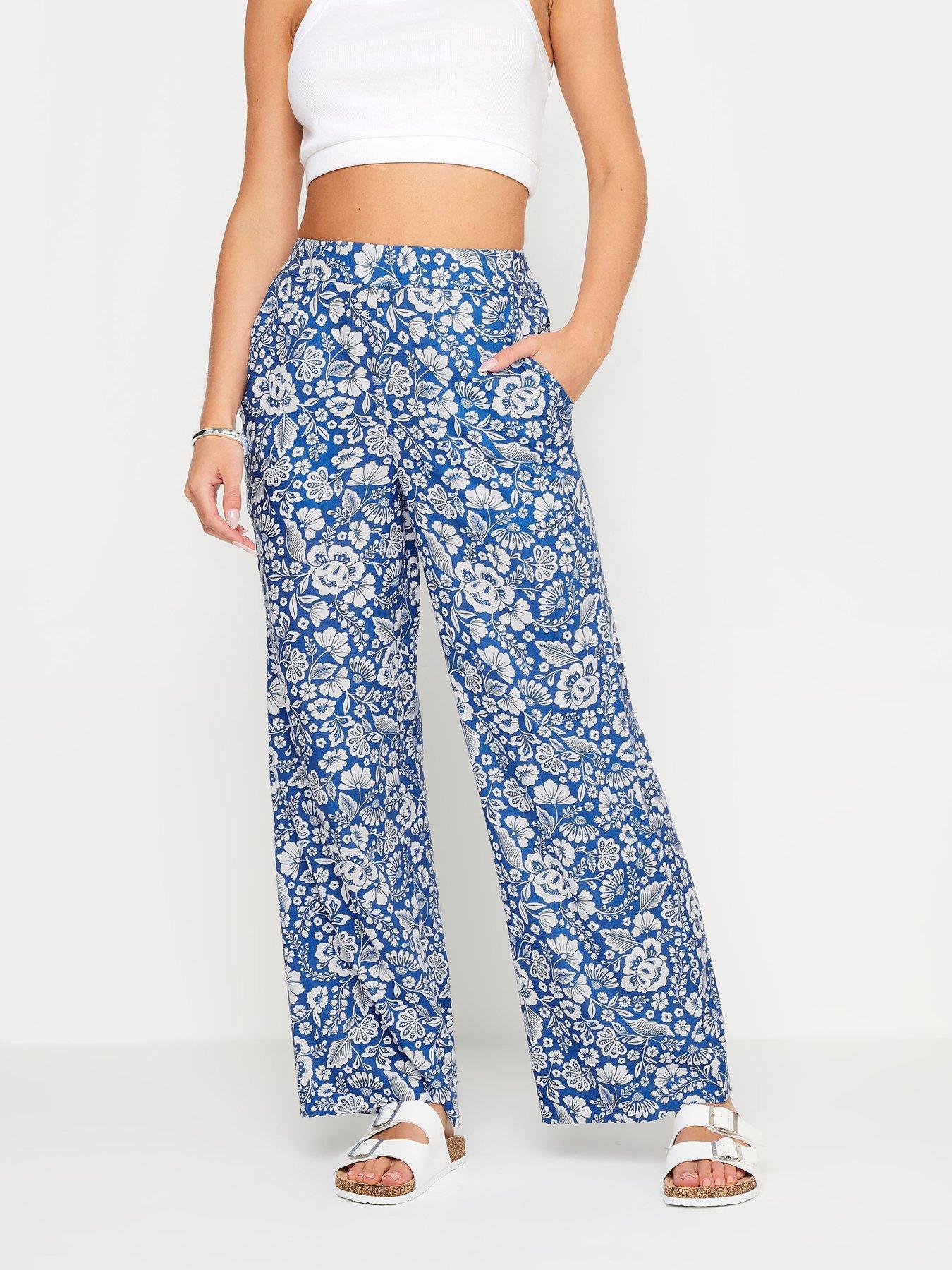 PixieGirl Petite Blue Folk Floral Wide Leg Trousers Very