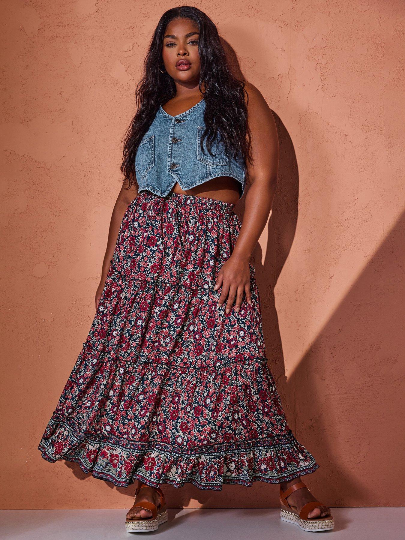 Curve Tiered Gypsy Skirt Navy