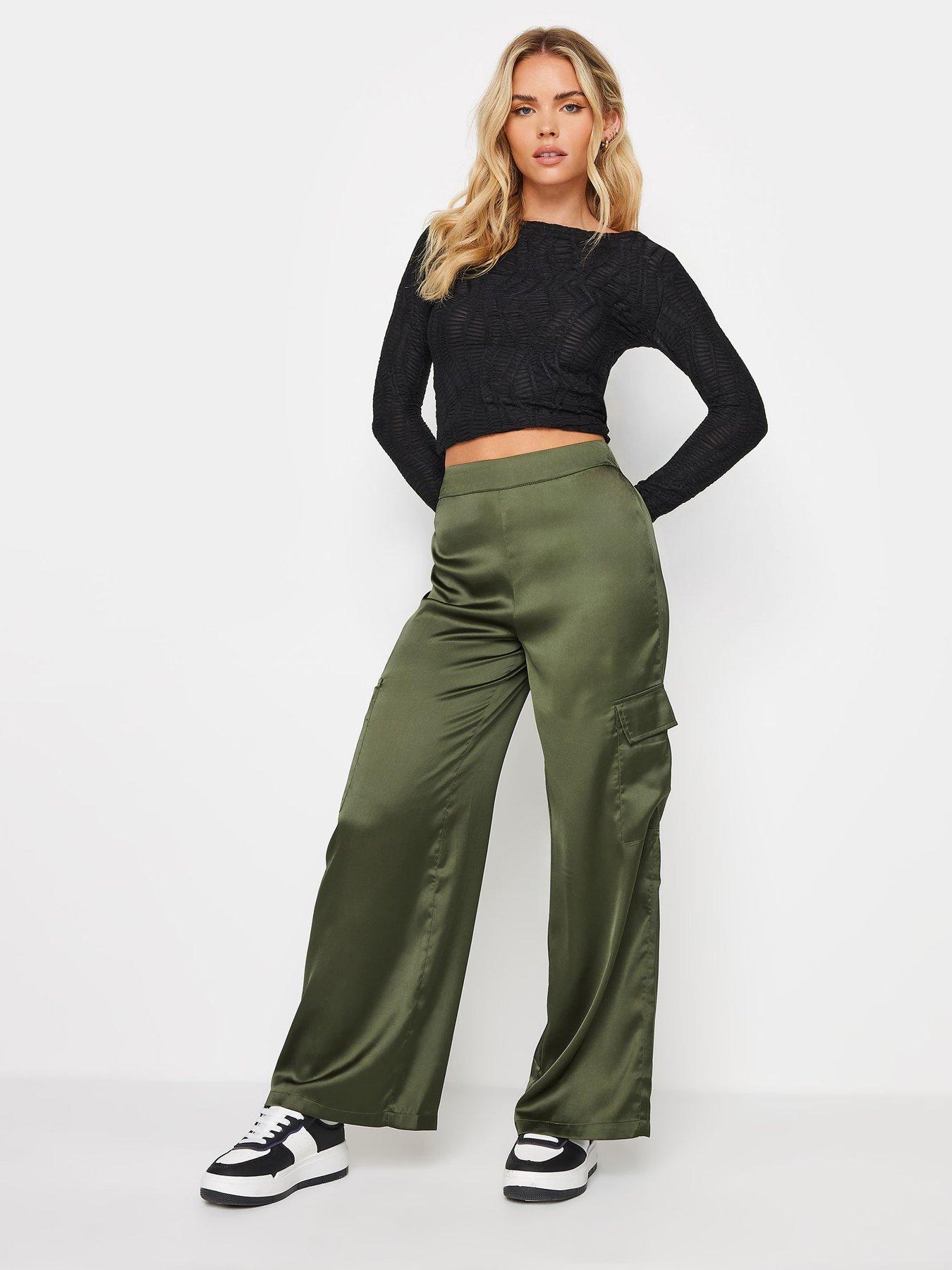 undefined Petite Olive Satin Cargo Trousers
