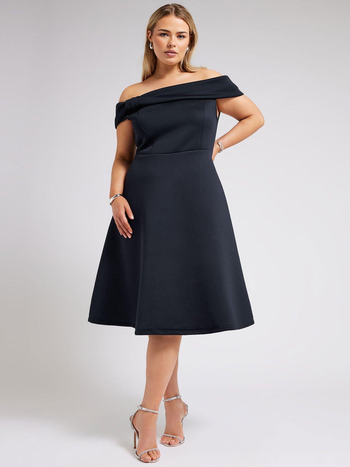 Yours Curve Bow Bardot Skater Dress - Blue | Very.co.uk