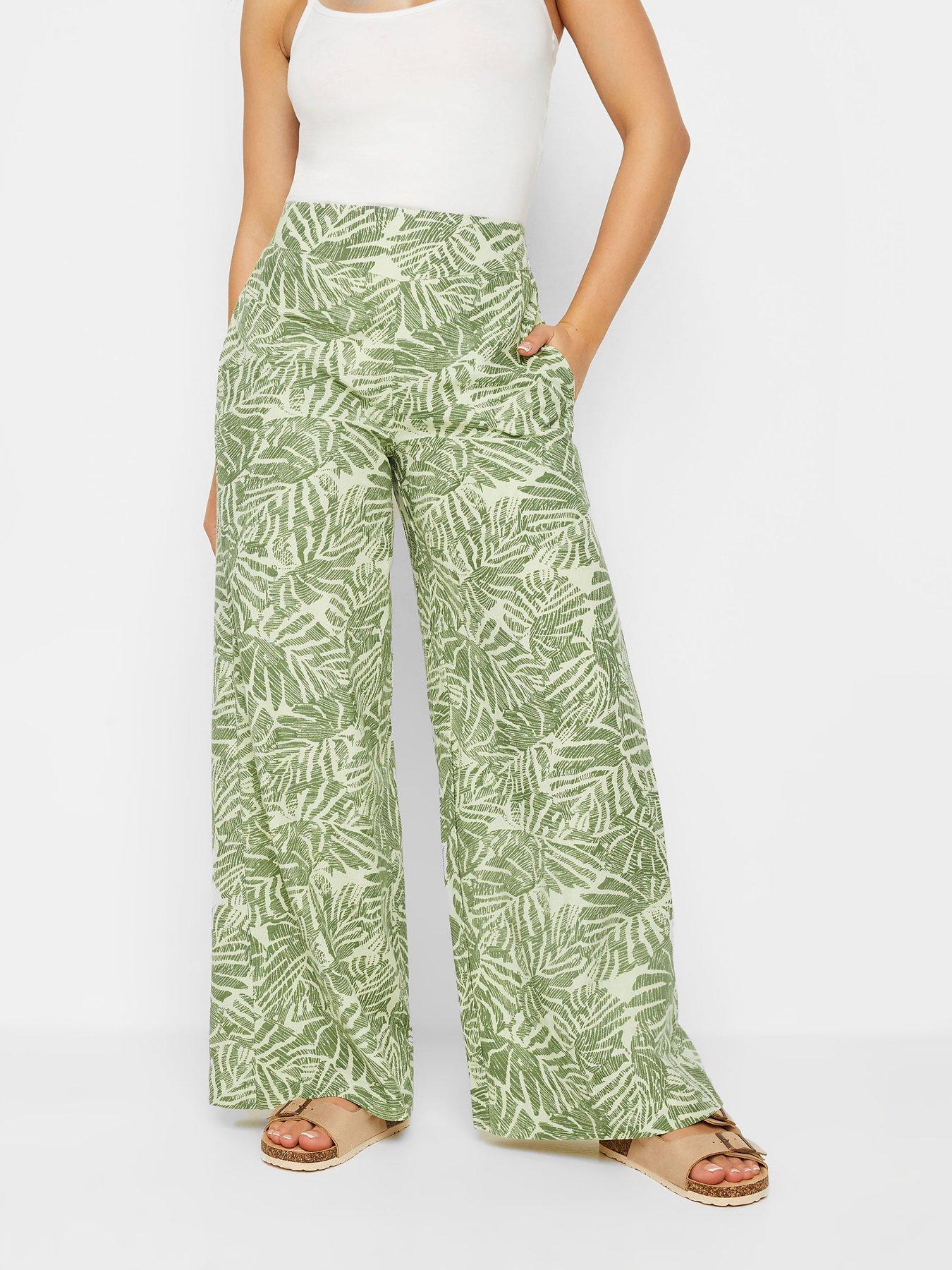PixieGirl Petite Green Leaf Print Wide Leg Trousers Very