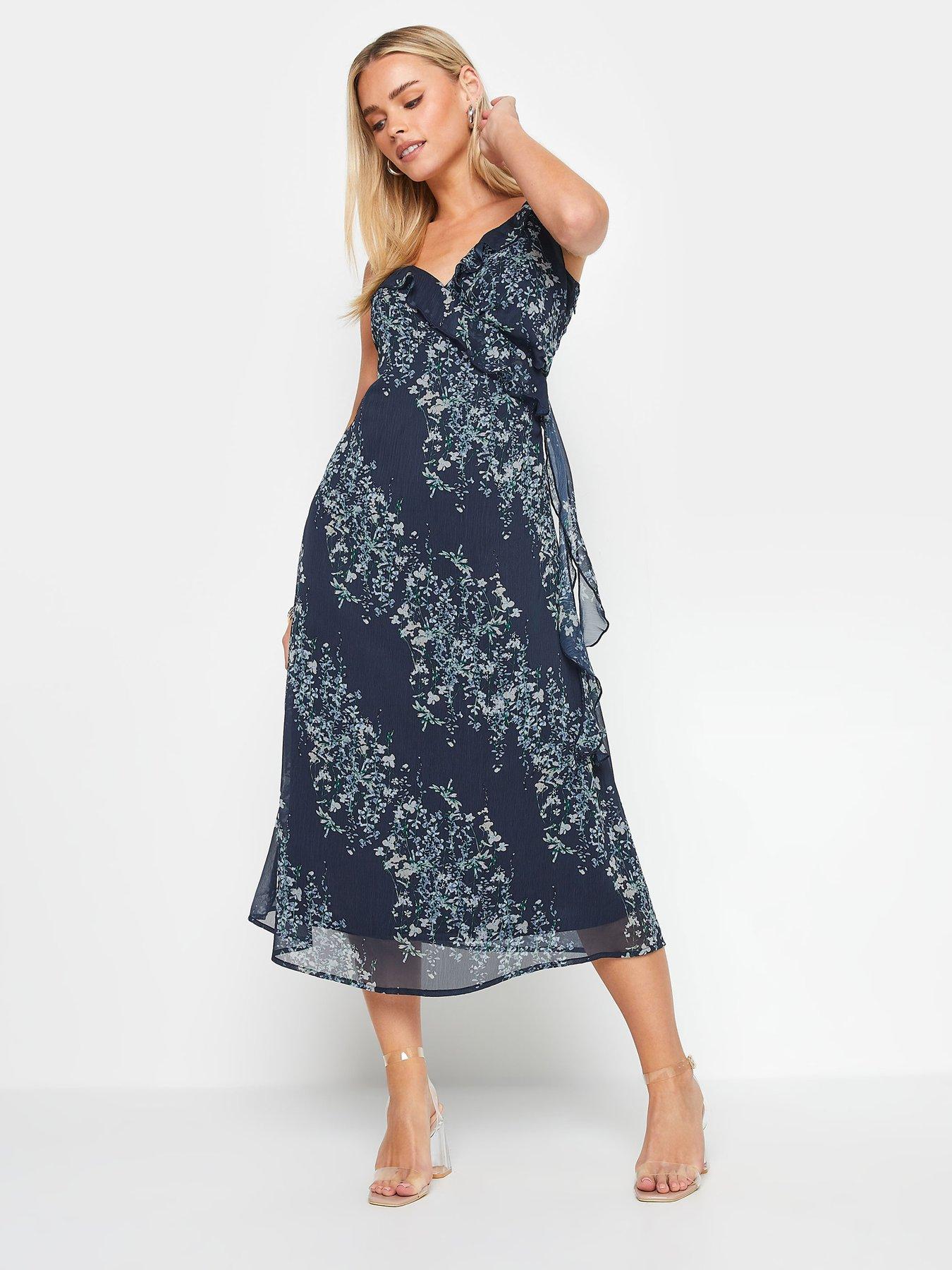 PixieGirl Petite Floral Frill Midi Dress - Blue | Very.co.uk