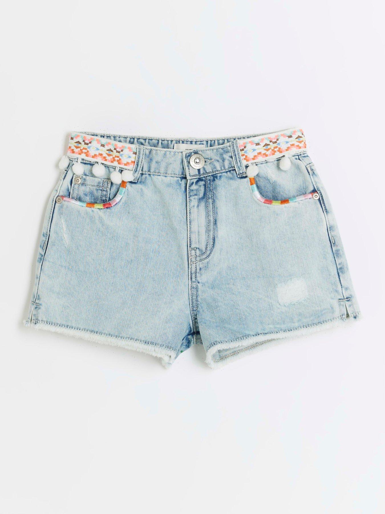 Girls Embroidered Denim Shorts Blue