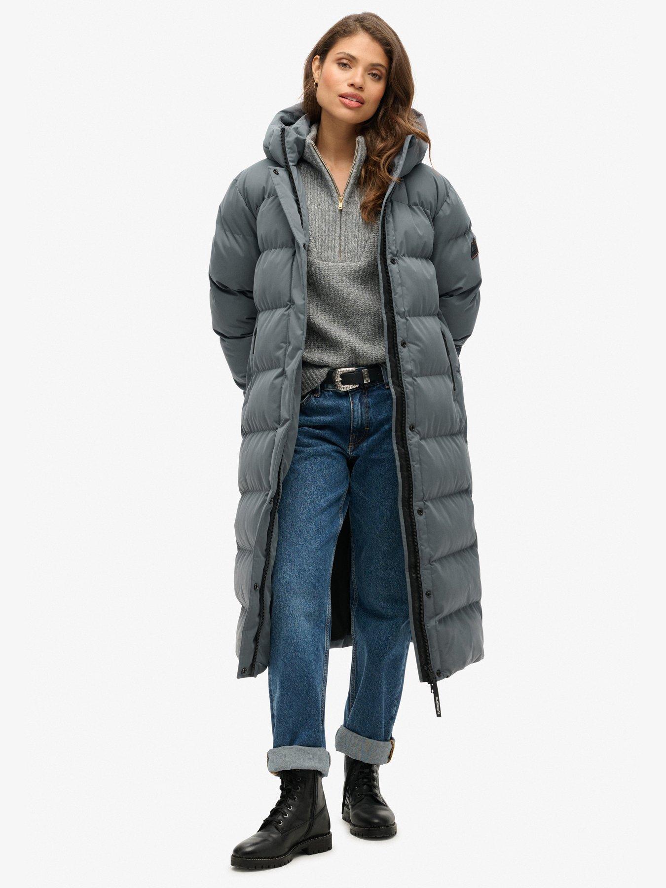 Image 1 of 6 of Superdry Microfibre Longline Padded Jacket - Grey