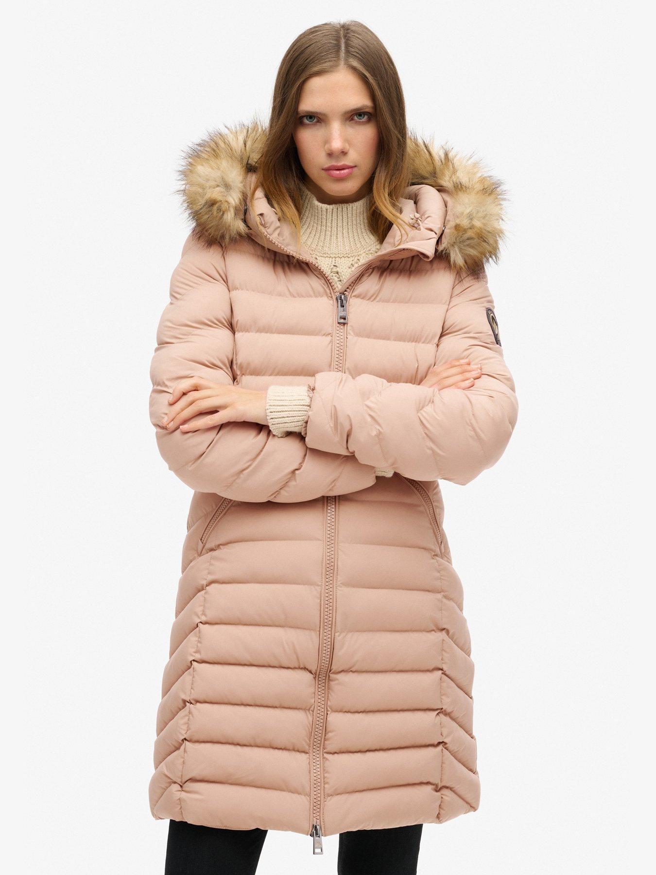 Superdry Fuji Faux Fur Hood Midi Length Jacket Beige