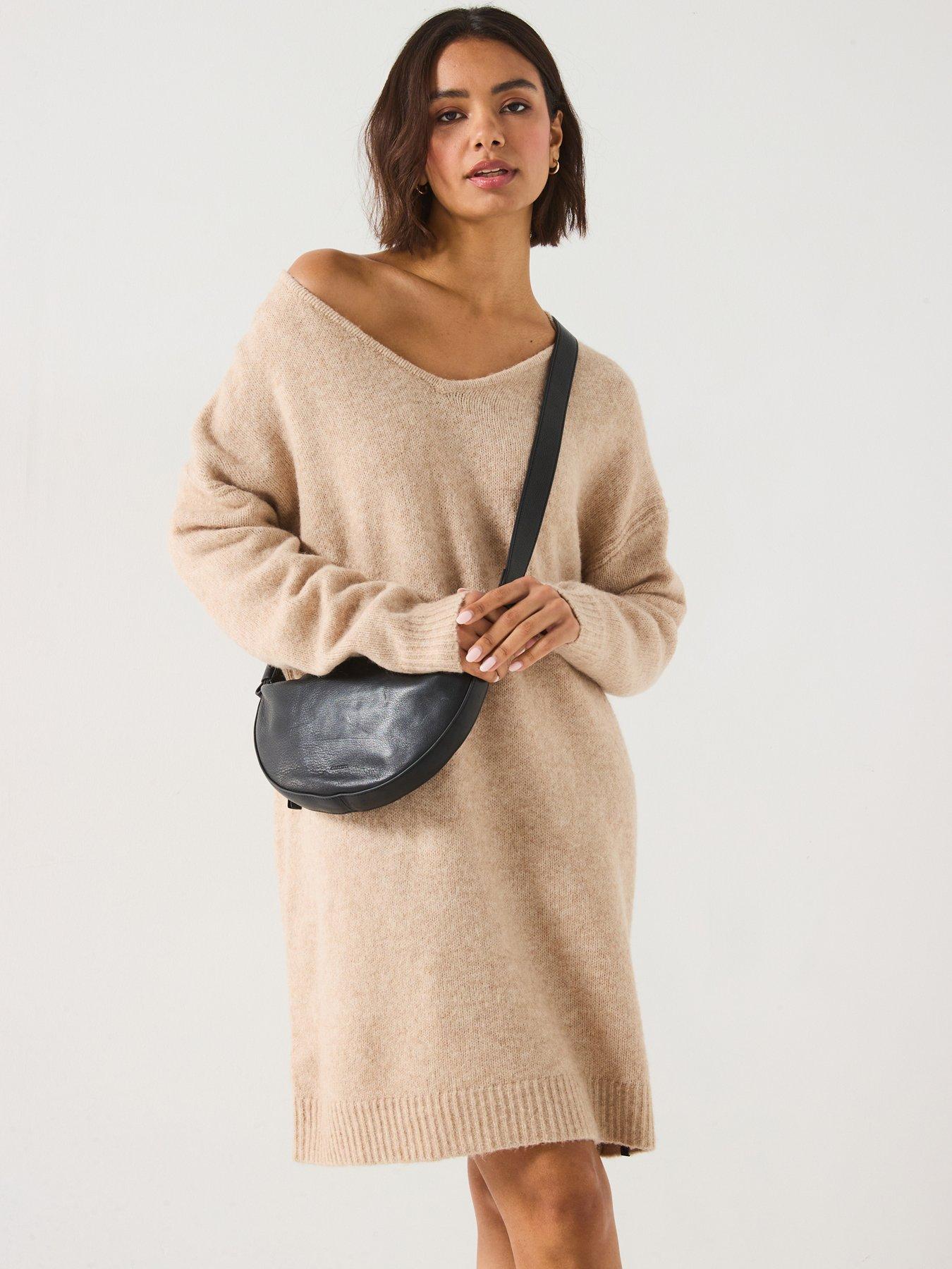 Oversized V Neck Jumper Dress Beige