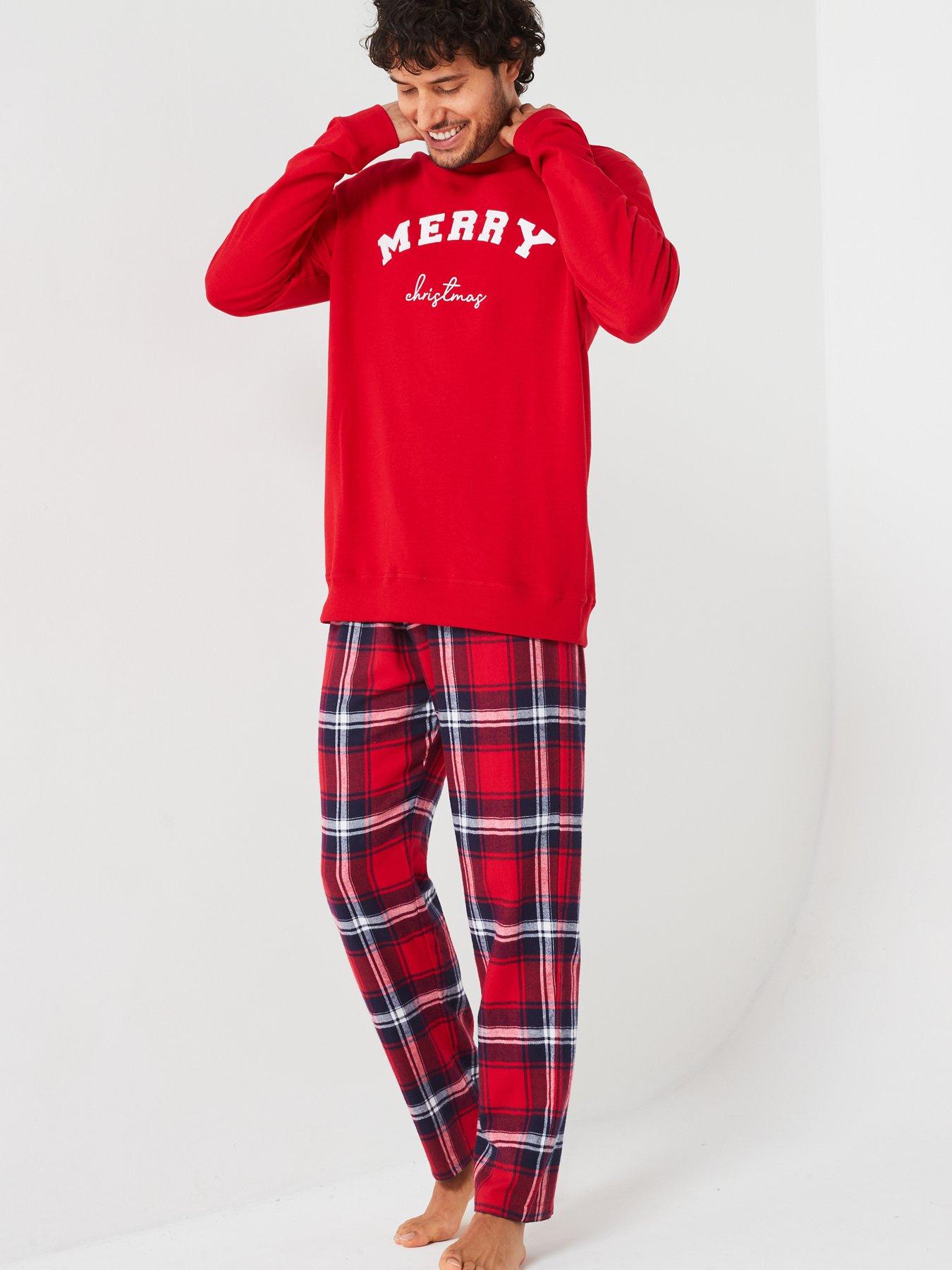 Very Man Mens Family Nightwear Christmas Pj Sweat Slogan Top Woven Check Bottoms Red