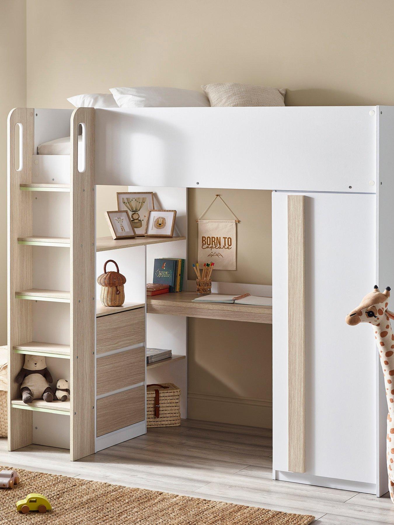 Image 1 of 6 of Julian Bowen Ocean Highsleeper Bed with Wardrobe, Desk, Shelves&nbsp;and Drawers - Pale Wood/White