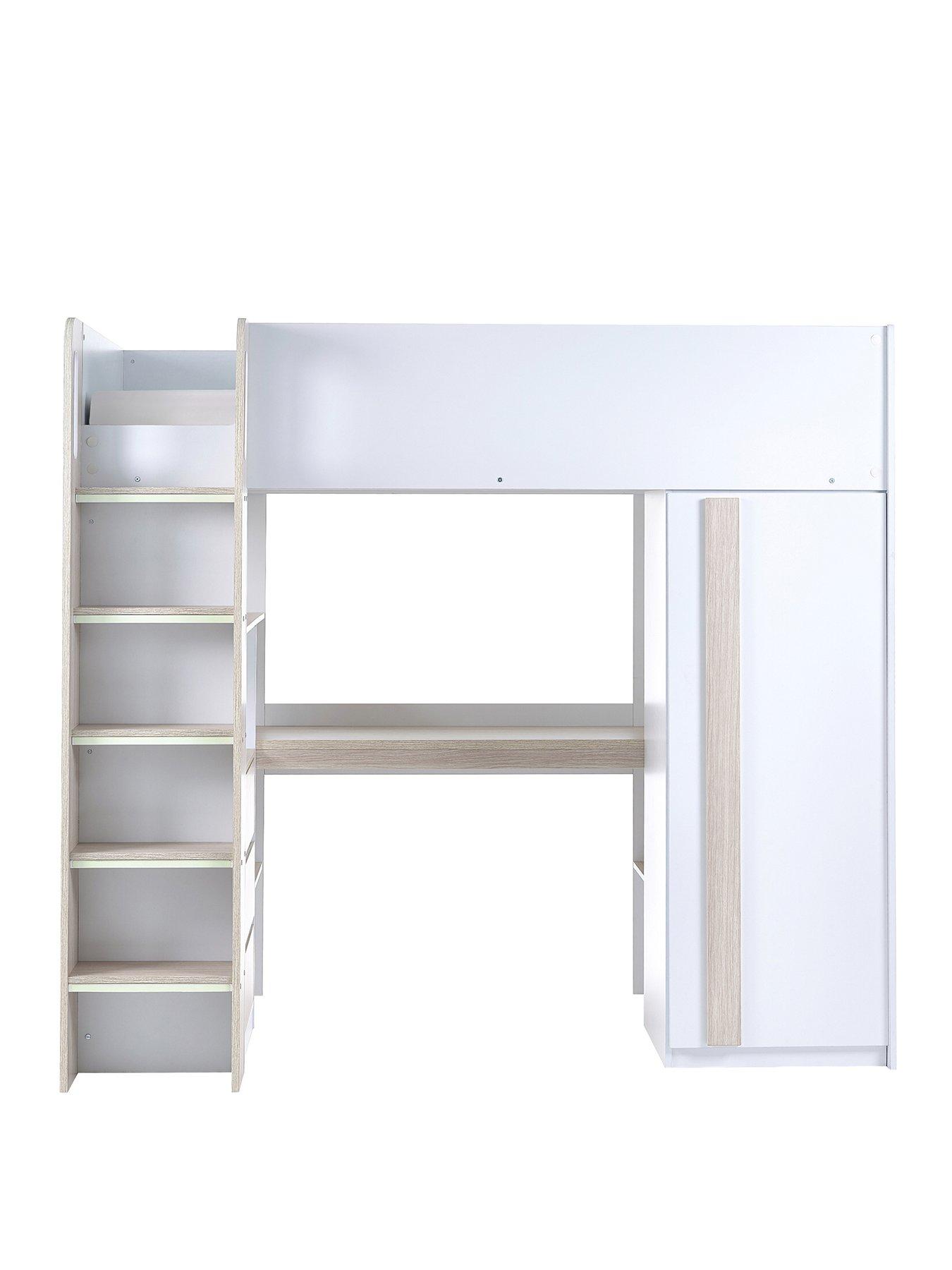 Image 2 of 6 of Julian Bowen Ocean Highsleeper Bed with Wardrobe, Desk, Shelves&nbsp;and Drawers - Pale Wood/White