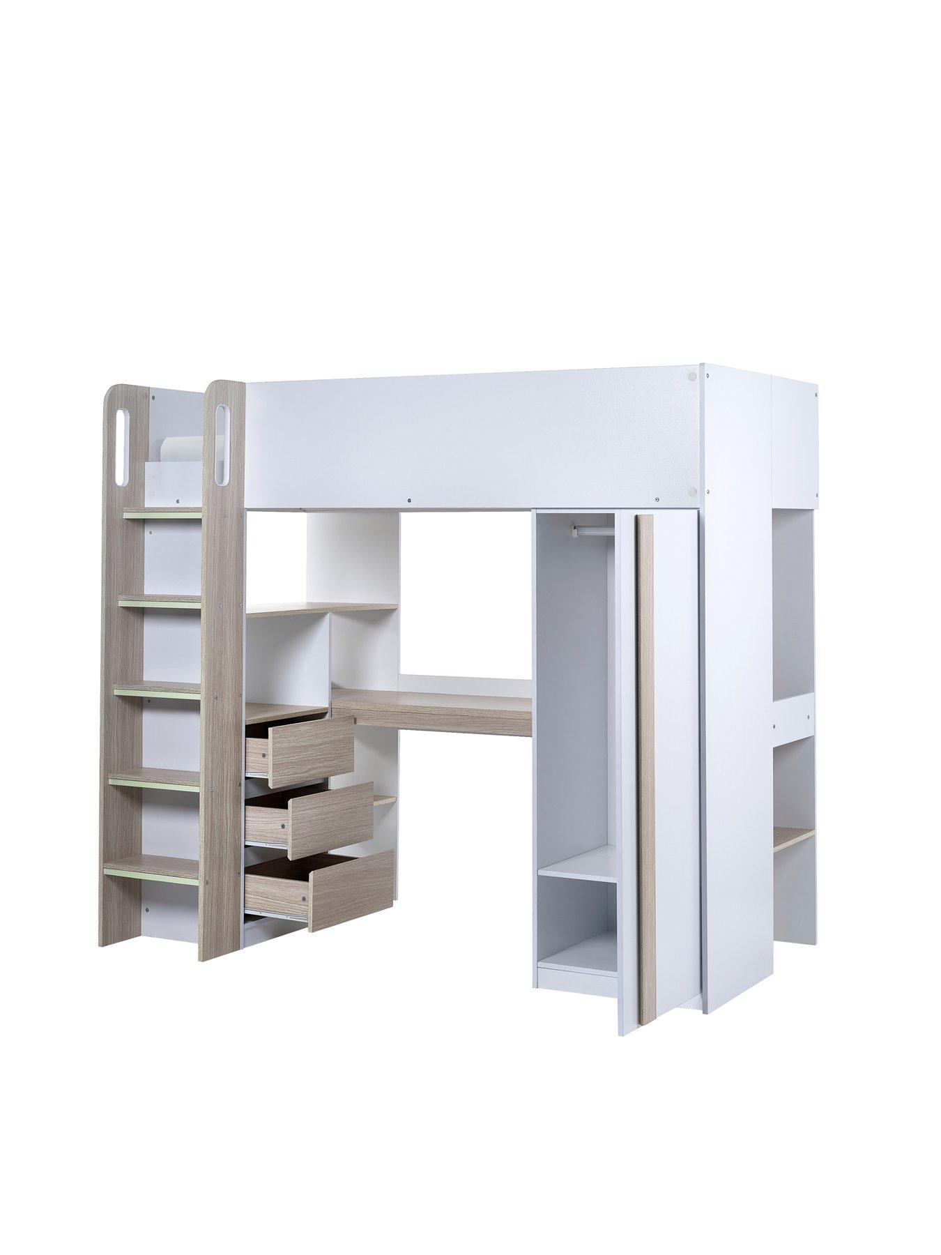 Image 3 of 6 of Julian Bowen Ocean Highsleeper Bed with Wardrobe, Desk, Shelves&nbsp;and Drawers - Pale Wood/White
