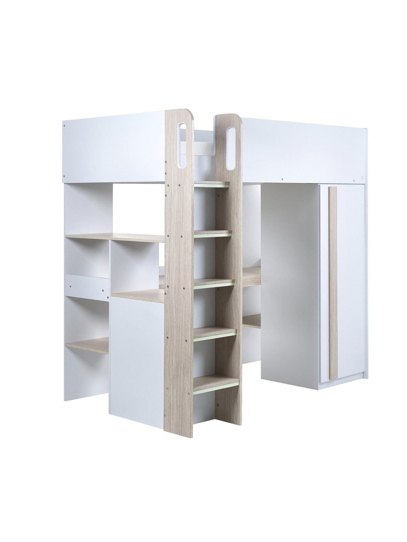 Image 4 of 6 of Julian Bowen Ocean Highsleeper Bed with Wardrobe, Desk, Shelves&nbsp;and Drawers - Pale Wood/White