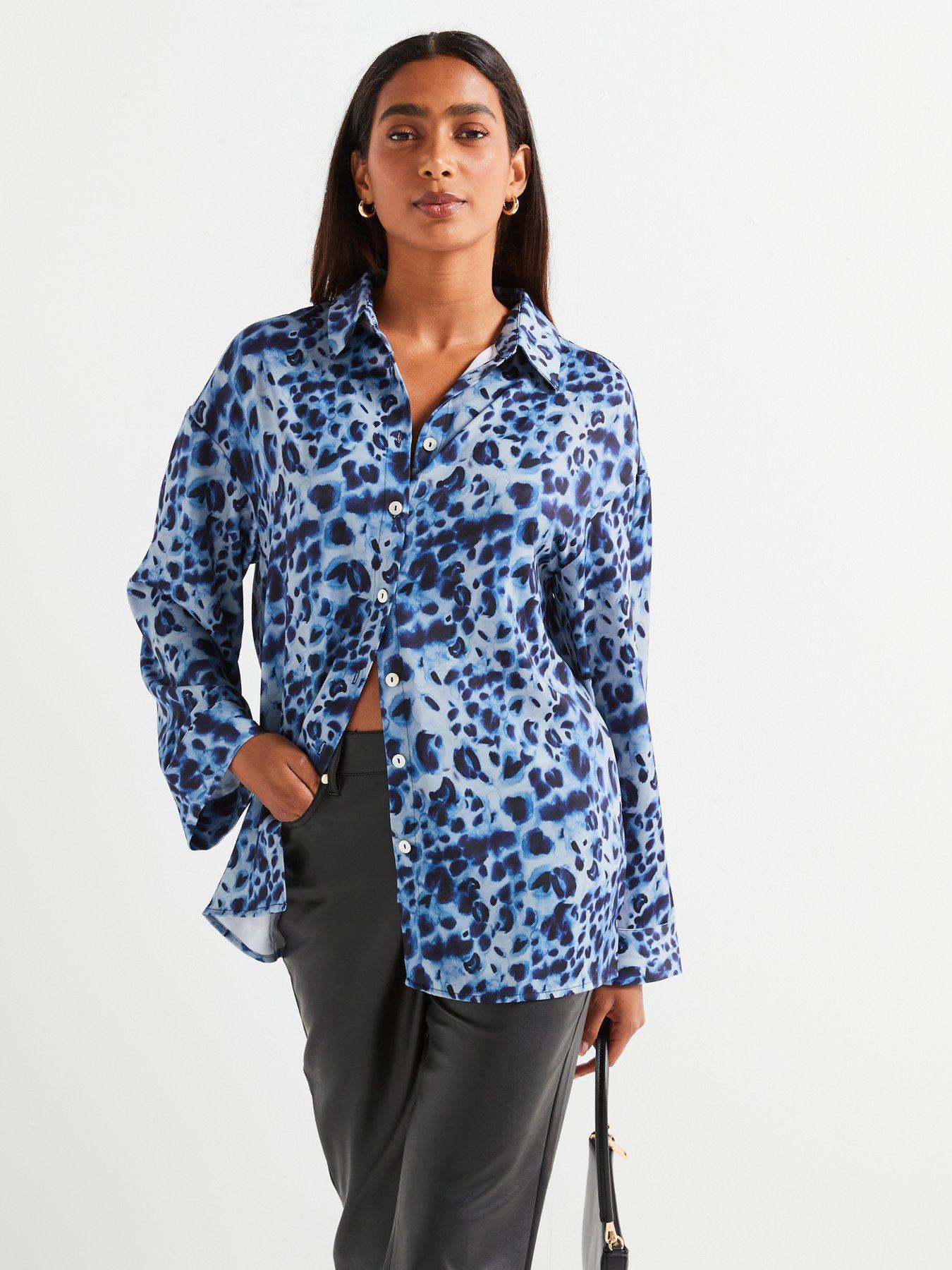 undefined Mono Leopard Printed Longline Oversized Shirt - Blue