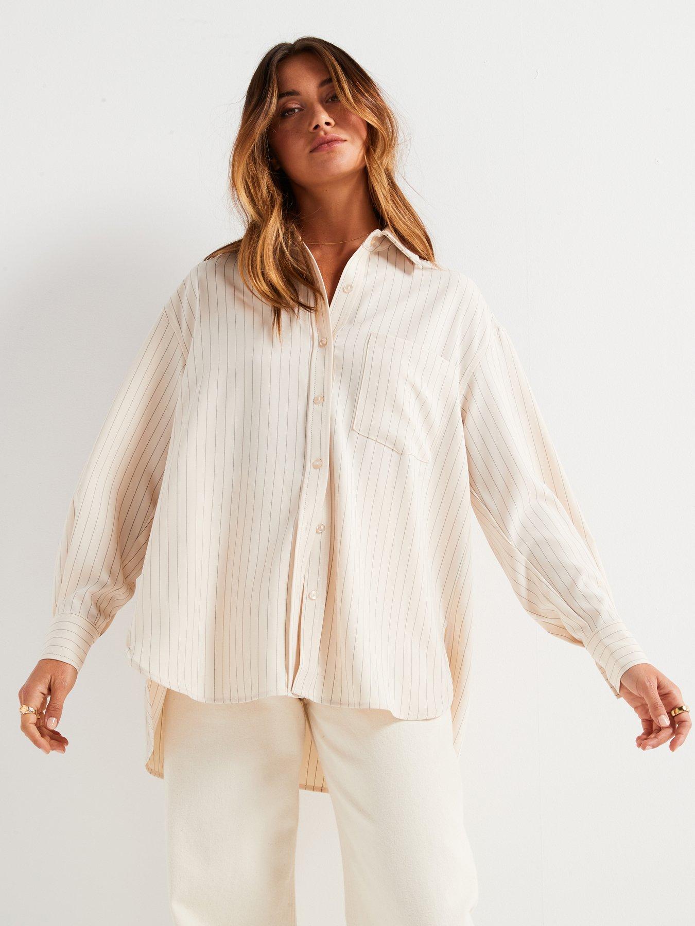 undefined Pinstripe Longline Oversized Shirt - Cream