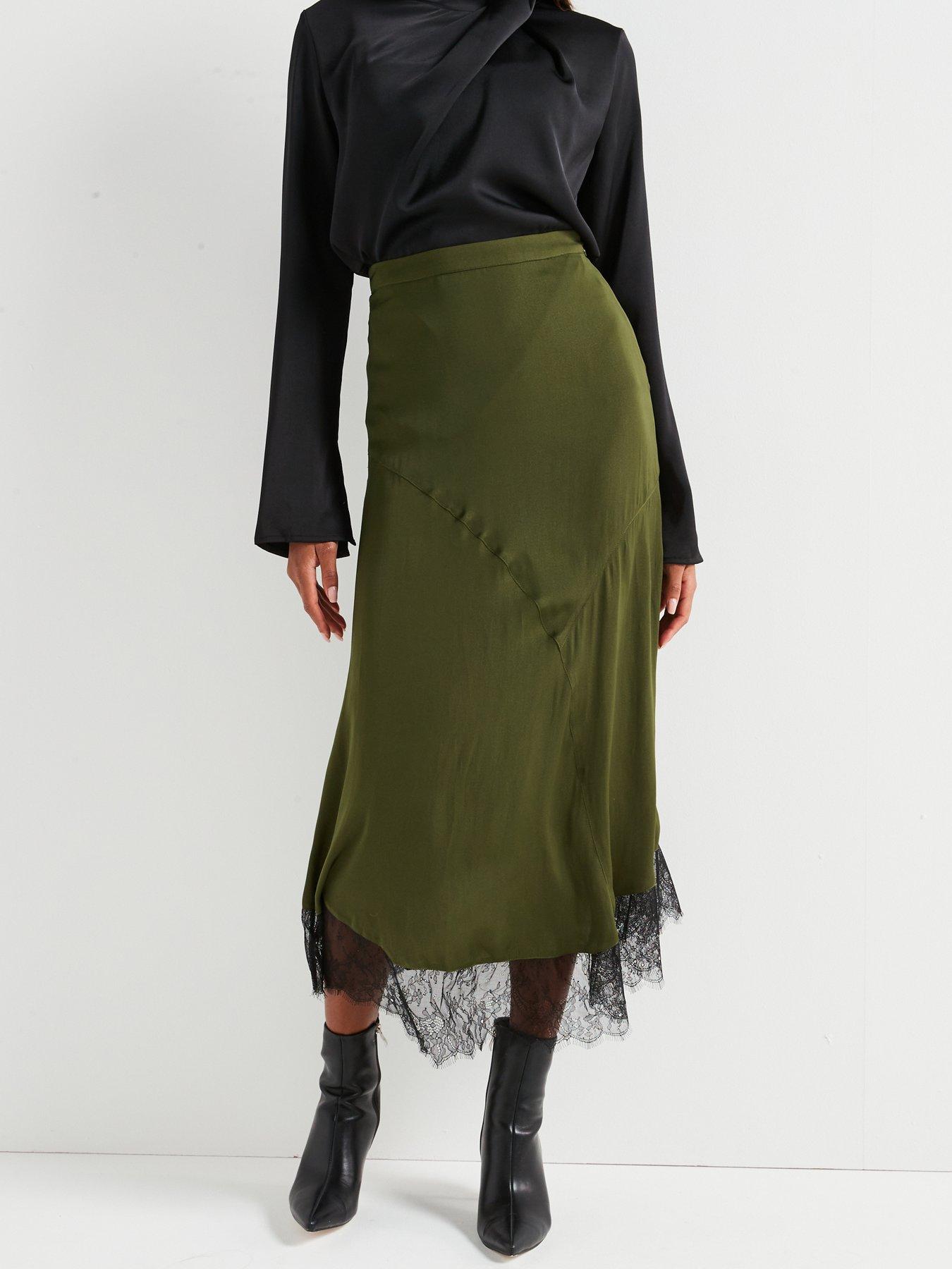 undefined Lace Hem Satin Midi Skirt - Khaki