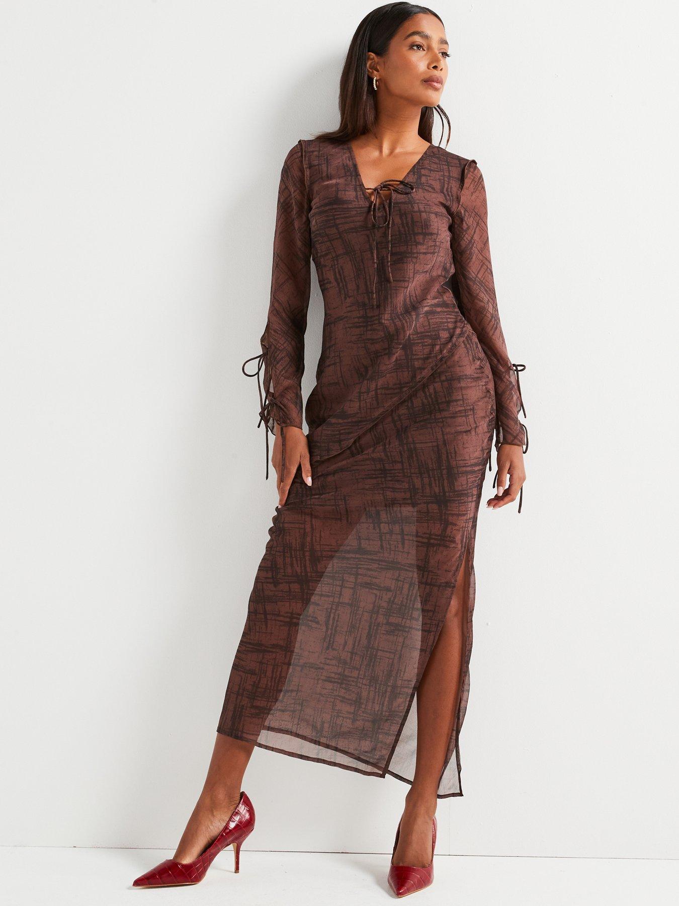 undefined Tie Front Printed Midi Dress - Brown