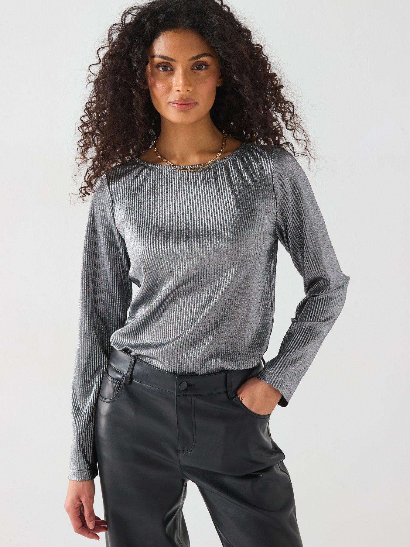 undefined Metallic Plisse Top - Gunmetal