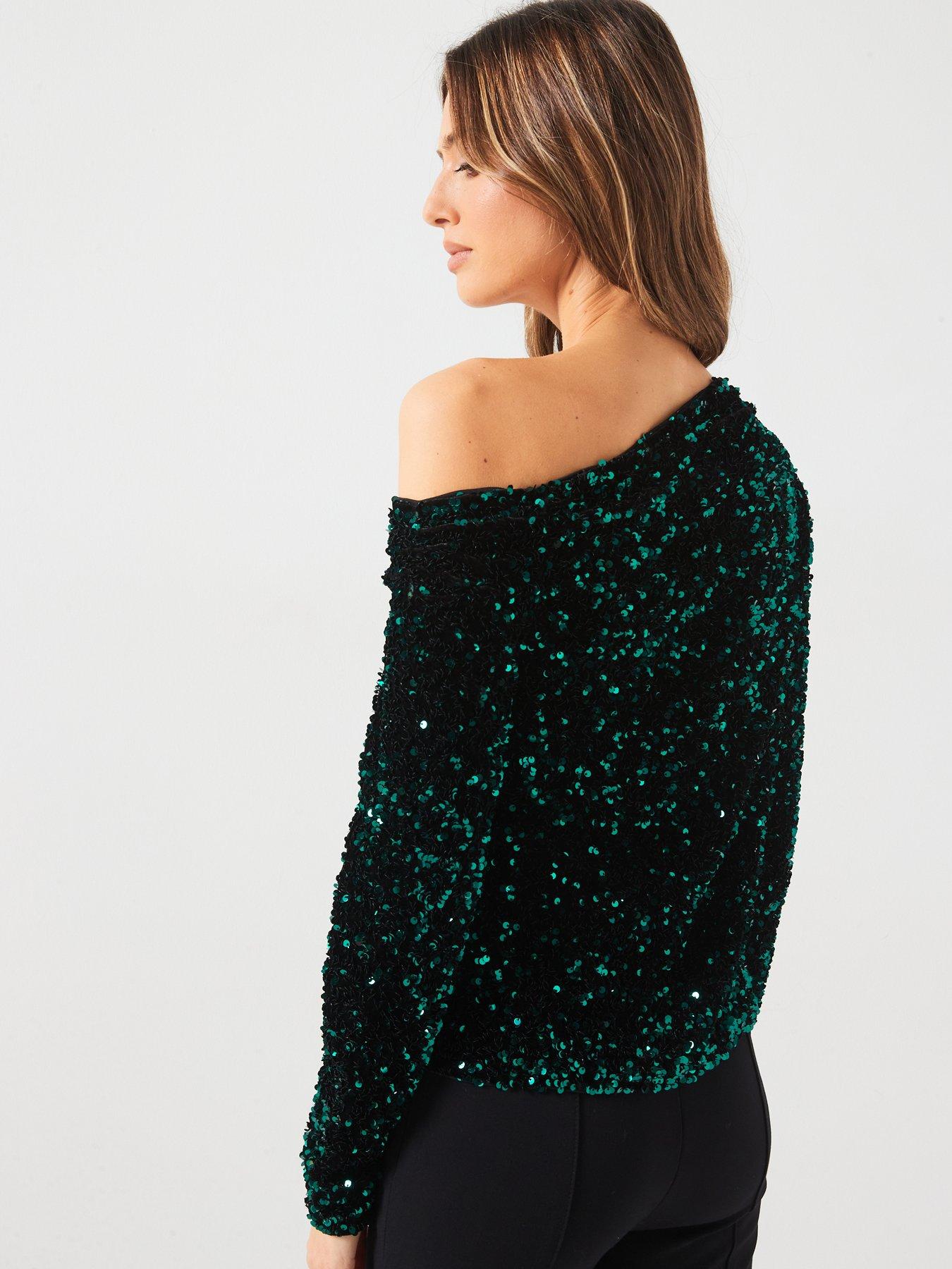 V by Very Off The Shoulder Sequin Top Green