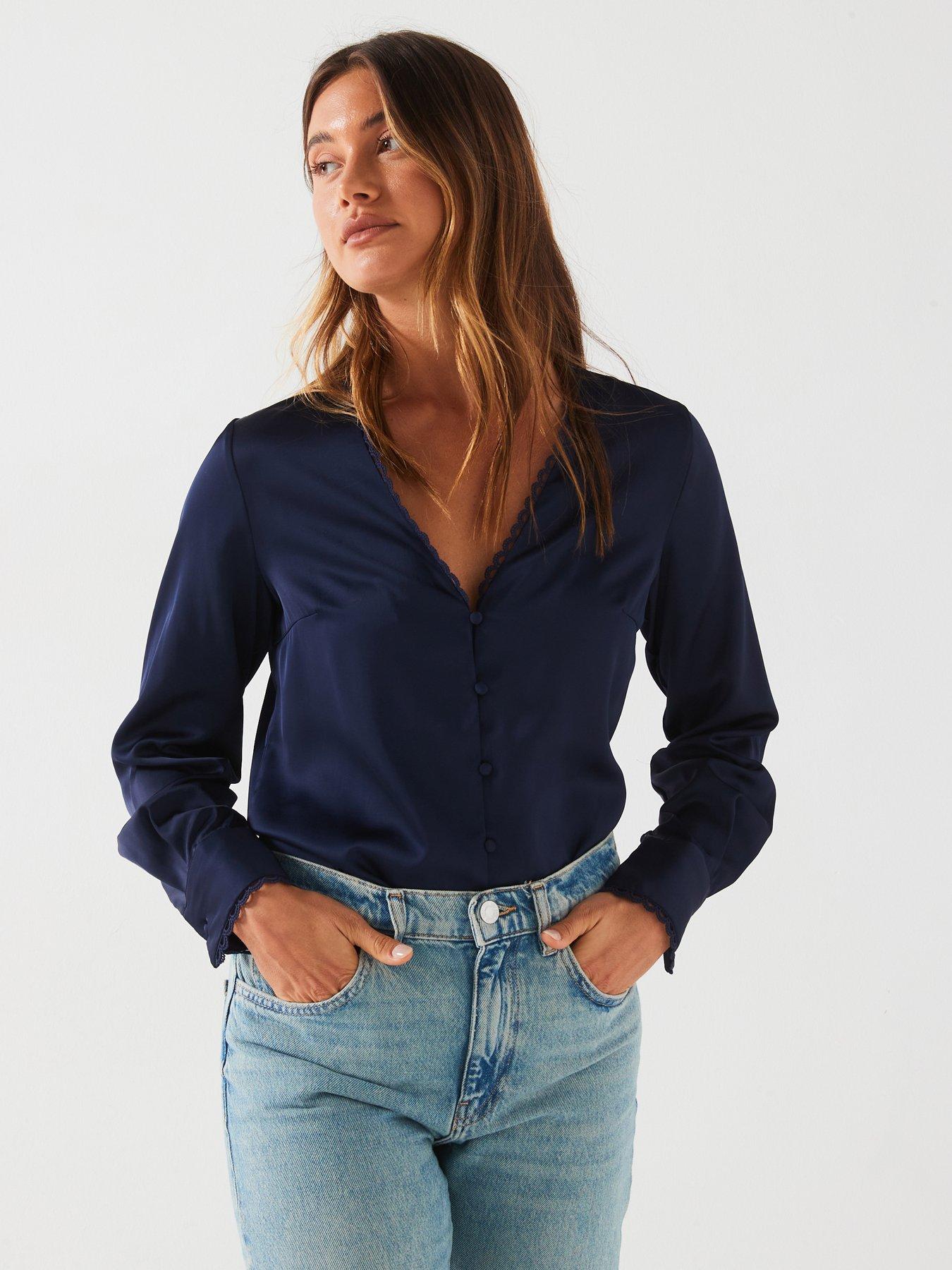 undefined Lace Trim Vneck Blouse - Navy