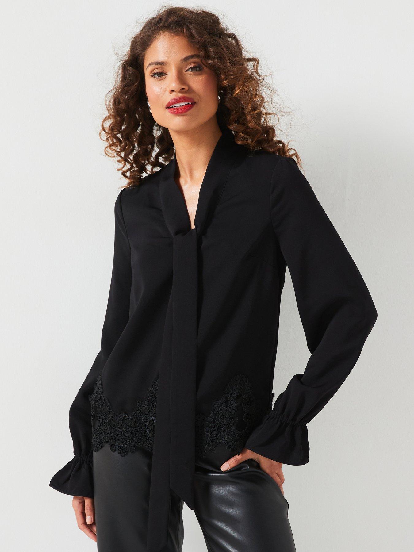 V by Very Lace Hem Satin Blouse Black